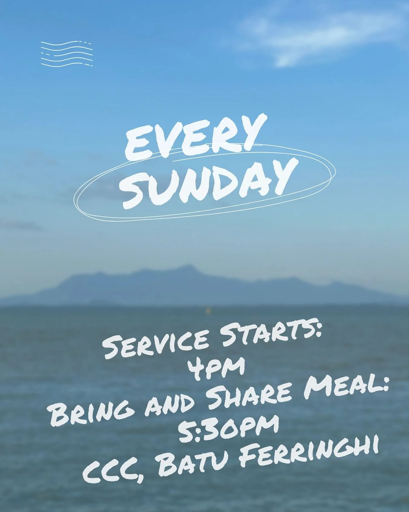 We love to gather together on Sunday afternoons at CCC, right in the heart of Batu Ferringhi.
We love to open the word together, praise His name and pray together.

And if you&rsquo;re able to stay behind after the service, we love to share some food