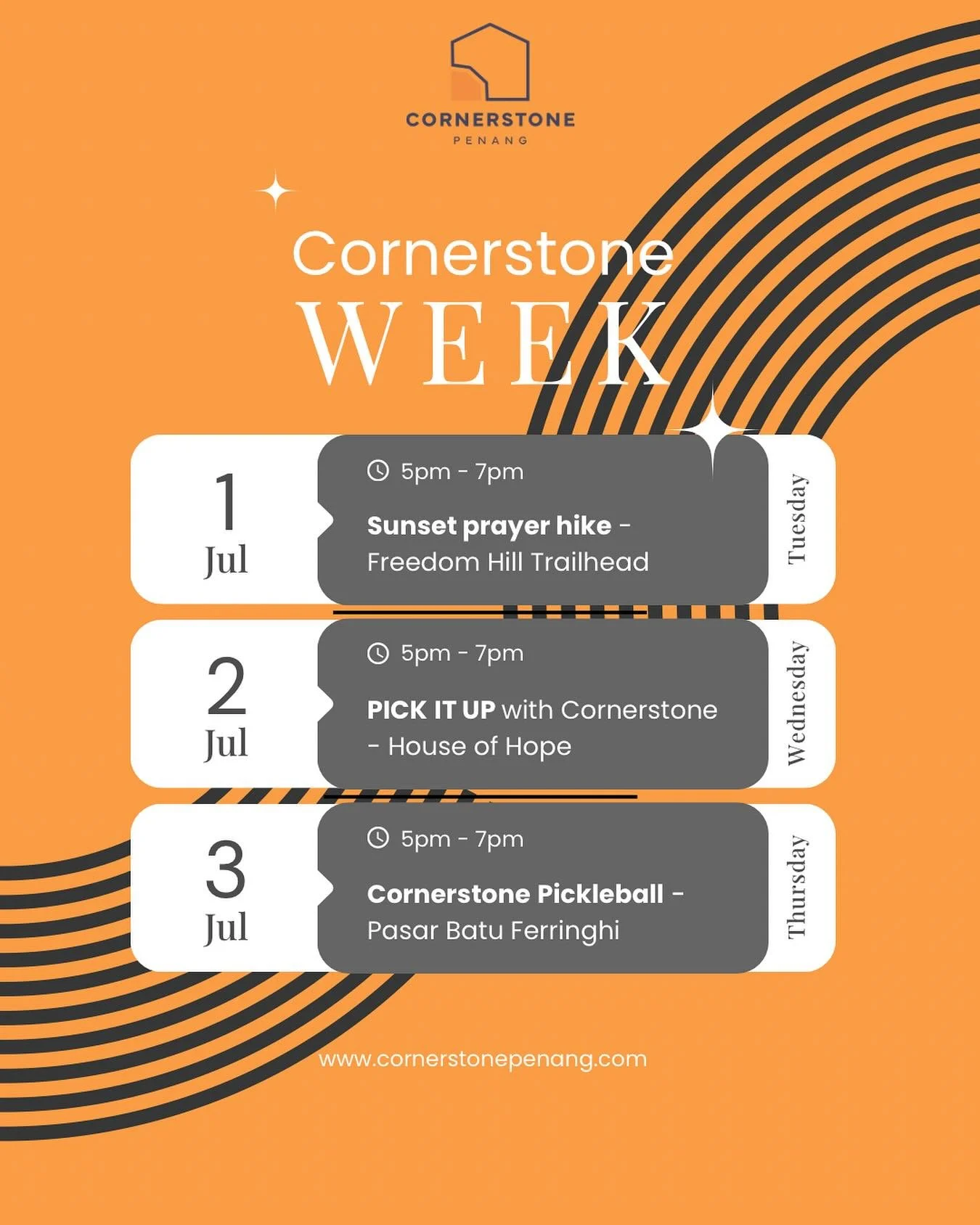 Join us for some fun community events NEXT WEEK

Whether you fancy a sunset prayer walk up freedom hill, litter picking around Batu Ferringhi, learning pickleball or all 3!
5-7pm Tuesday-Thursday.

https://cornerstonepenang.com/contact