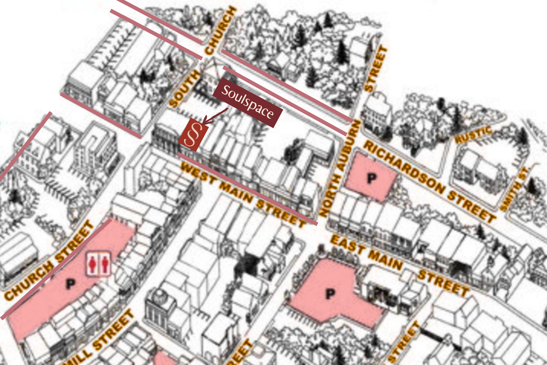 Map of an urban area highlighting streets, parking lots, and a location labeled 'Soulspace'. Streets include South Church Street, West Main Street, North Auburn Street, Richmond Street, East Main Street, and others. Key areas are marked in pink and parking areas in gray. The map shows trees and buildings surrounding these streets.