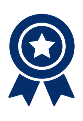 A blue award ribbon with a star in the center.