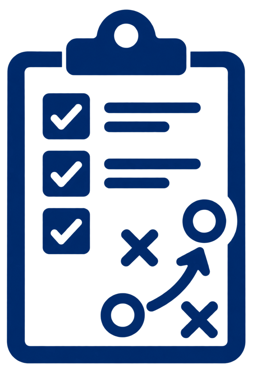 Icon of a clipboard with checkmarks, X mark, and arrows indicating planning or strategy.