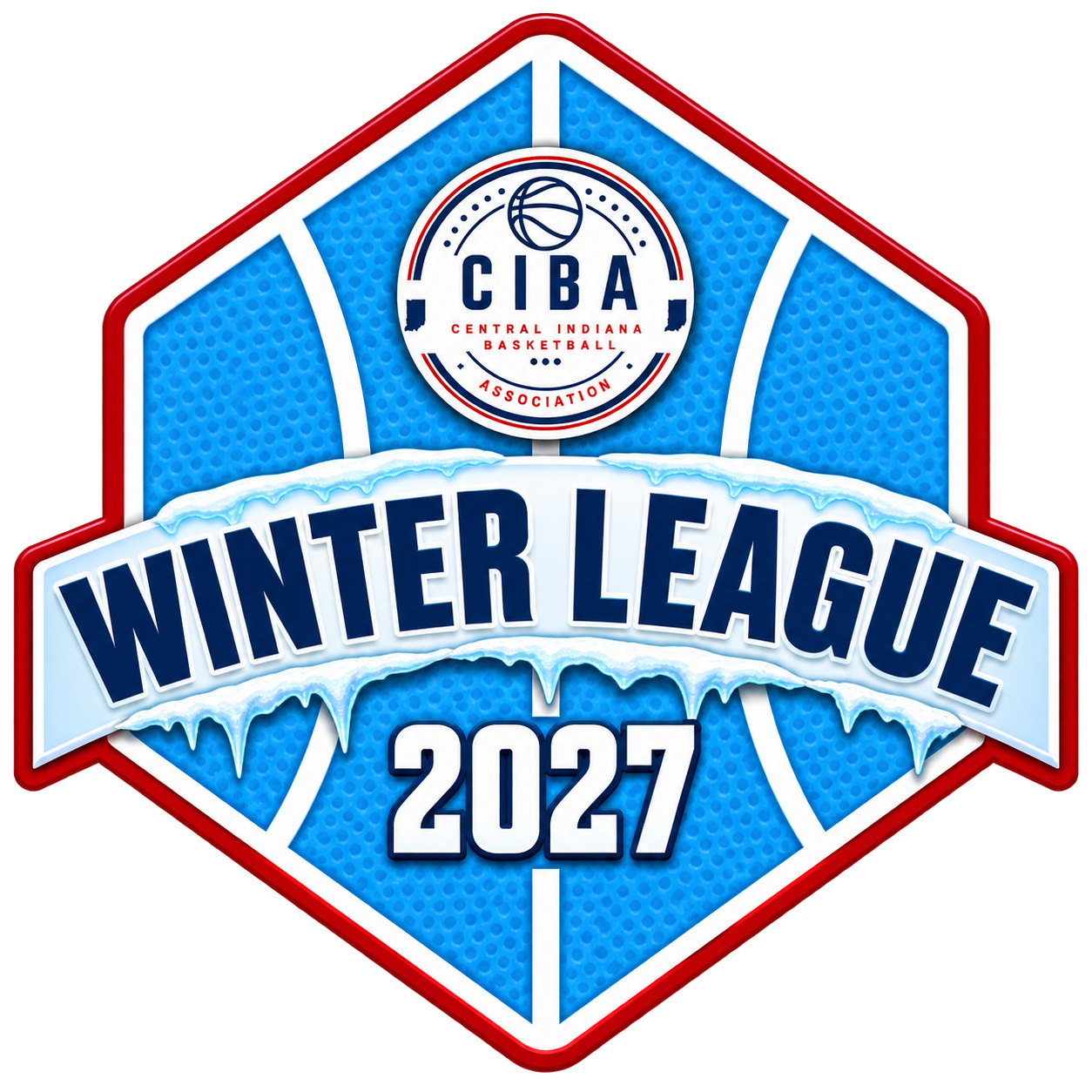 Logo for the 2027 Winter League of the Central Indiana Basketball Association, featuring icy blue and white colors with a basketball symbol.