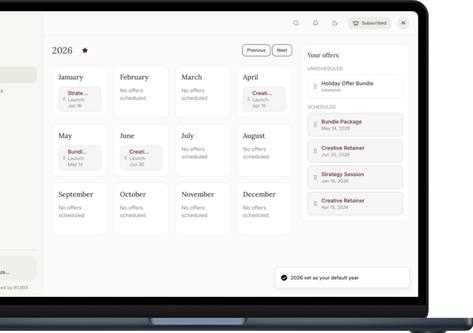 Screenshot of a marketing or project management calendar for the year 2026, showing scheduled offers and events for each month, with a sidebar listing different offers and the option to set the default year.