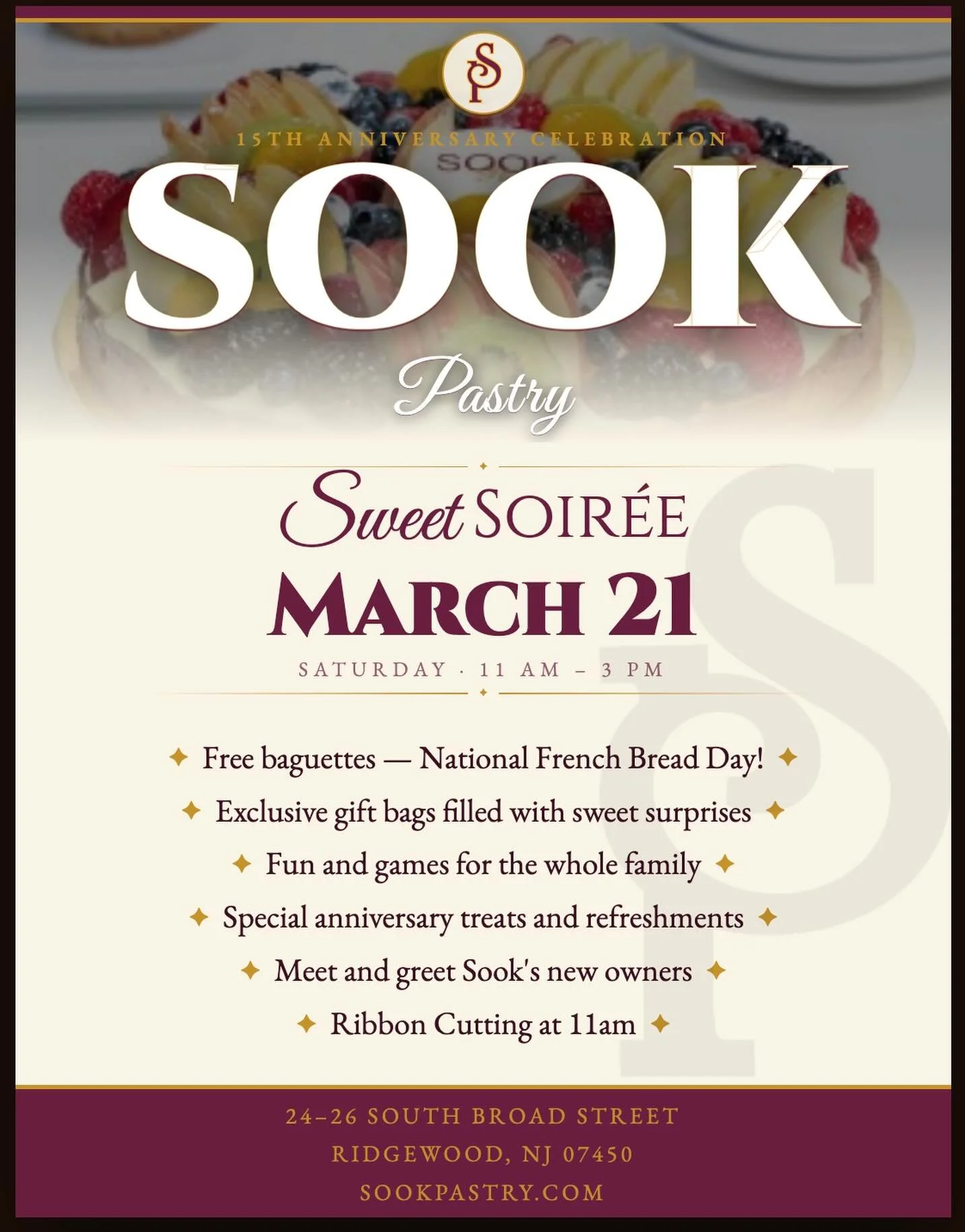 We are less than 2 weeks away from @sookpastry Sweet Soir&eacute;e! Come celebrate the 15th anniversary of the bakery&rsquo;s opening and meet Sook&rsquo;s new owners! Looking forward to seeing you there! 

See details above ☝️

Vendor List: 
Venue: 