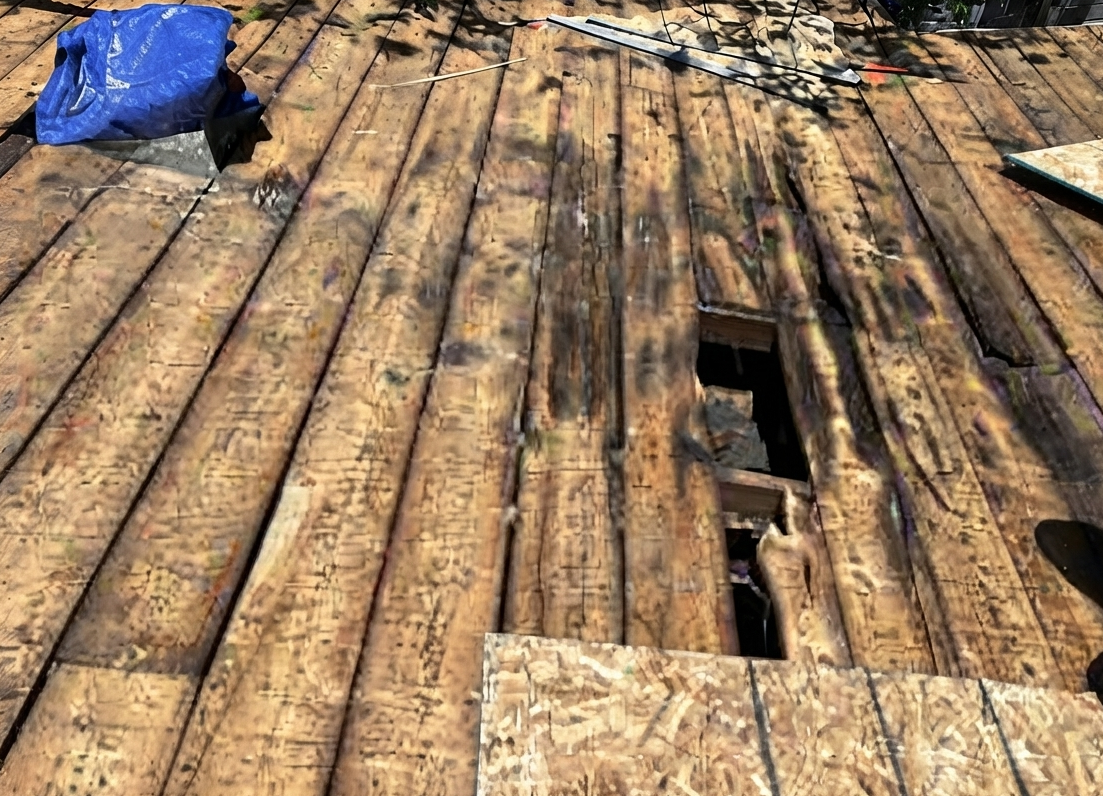 Close-up of a damaged wooden deck with a large hole and missing planks, tools and a blue bag are visible around the area.