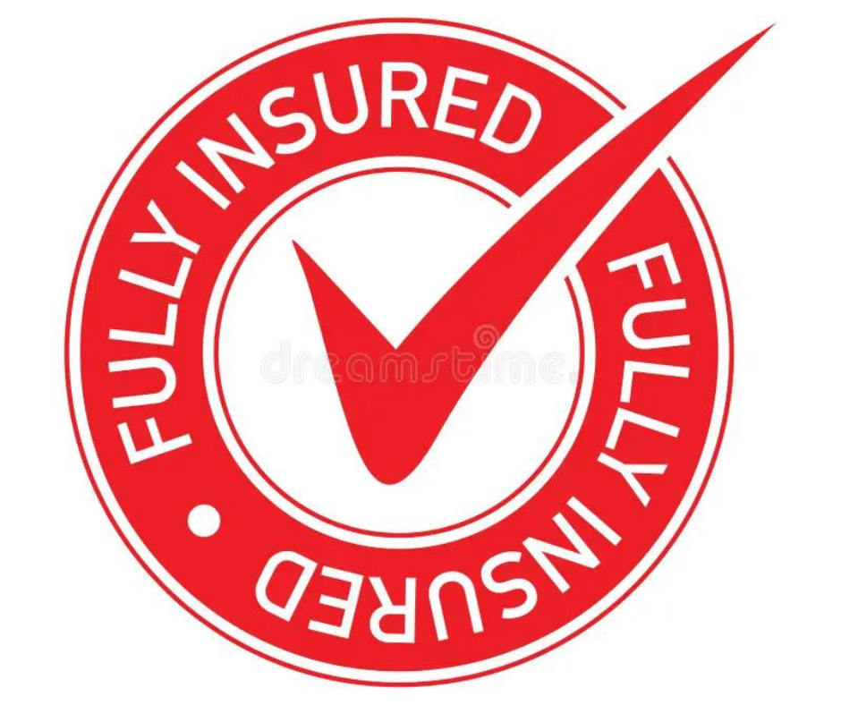 A red circular stamp with the words "FULLY INSURED" written around the circle and a large checkmark in the center.