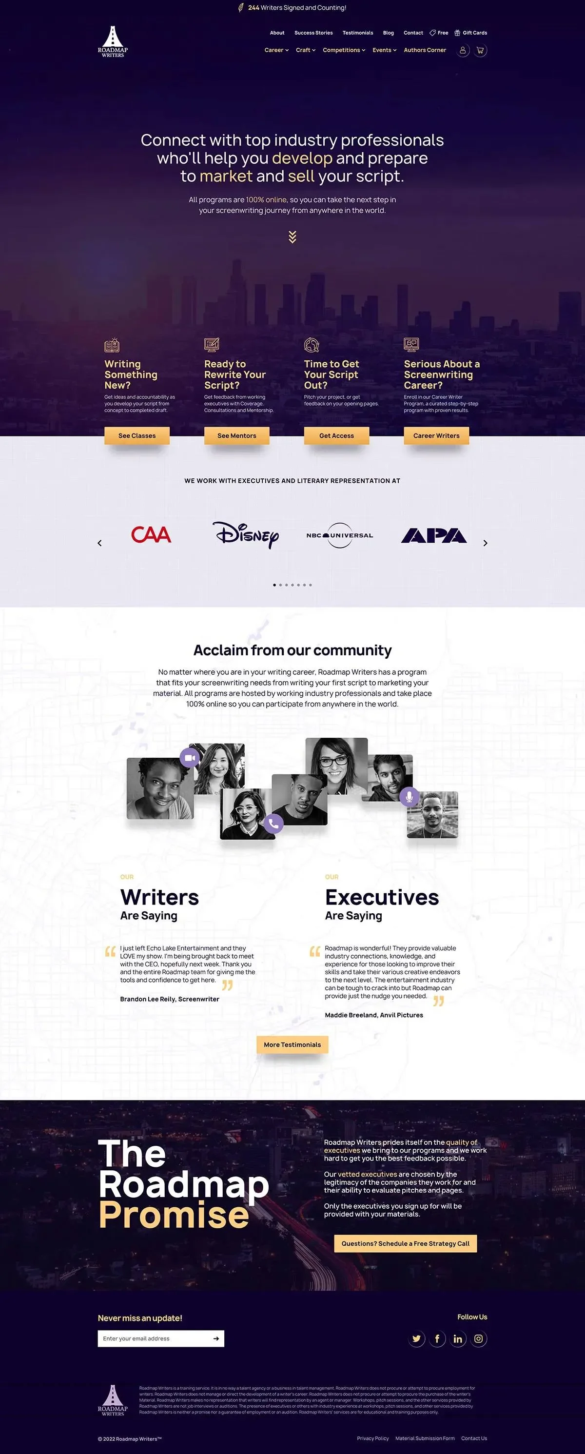 We migrated the Roadmap Writers site from Shopify to Drupal, and tailored it to support their uniquely complex service model. Highlights include:

- Customizations supporting time-based sessions, group classes, and program series.

- Streamlined mana