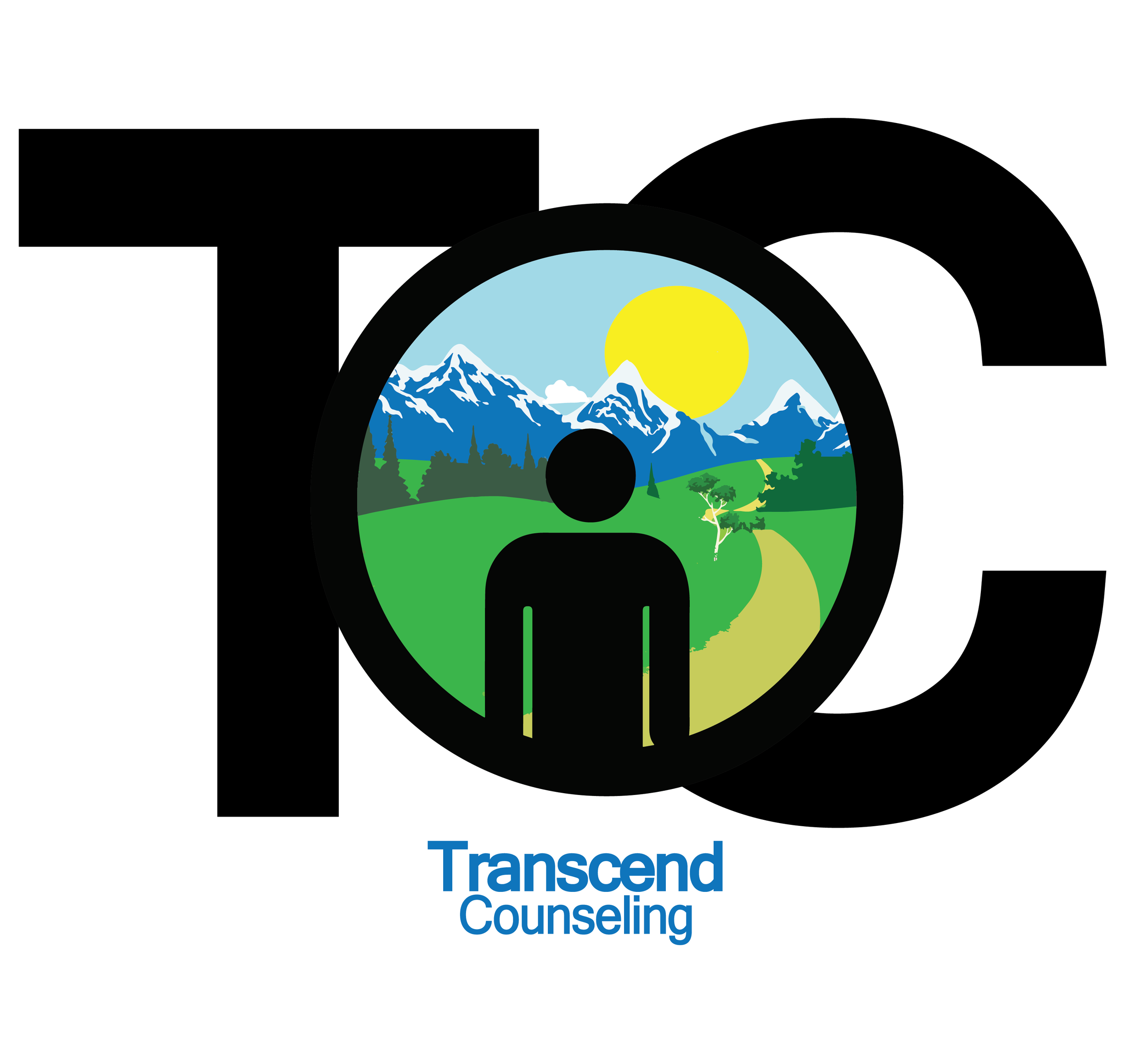 Logo of Transcend Counseling with large black letters T, O, C, and an oval image in the center featuring mountains, trees, a trail, and a person silhouette with a sun in the sky.
