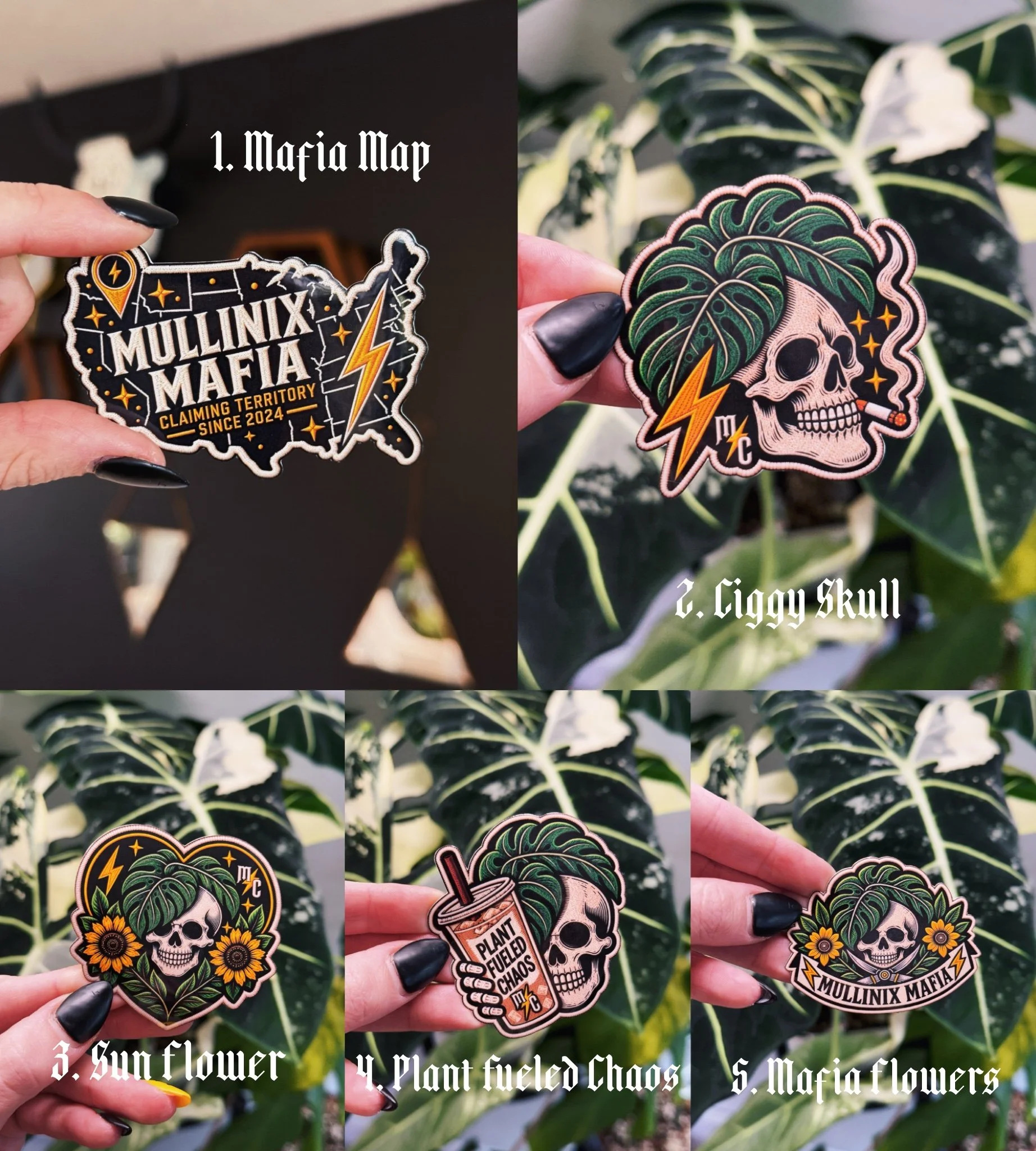 Mullinix Mafia sticker collection showing Mafia Map, Ciggy Skull, Sun Flower, Plant Fueled Chaos and Mafia Flowers designs