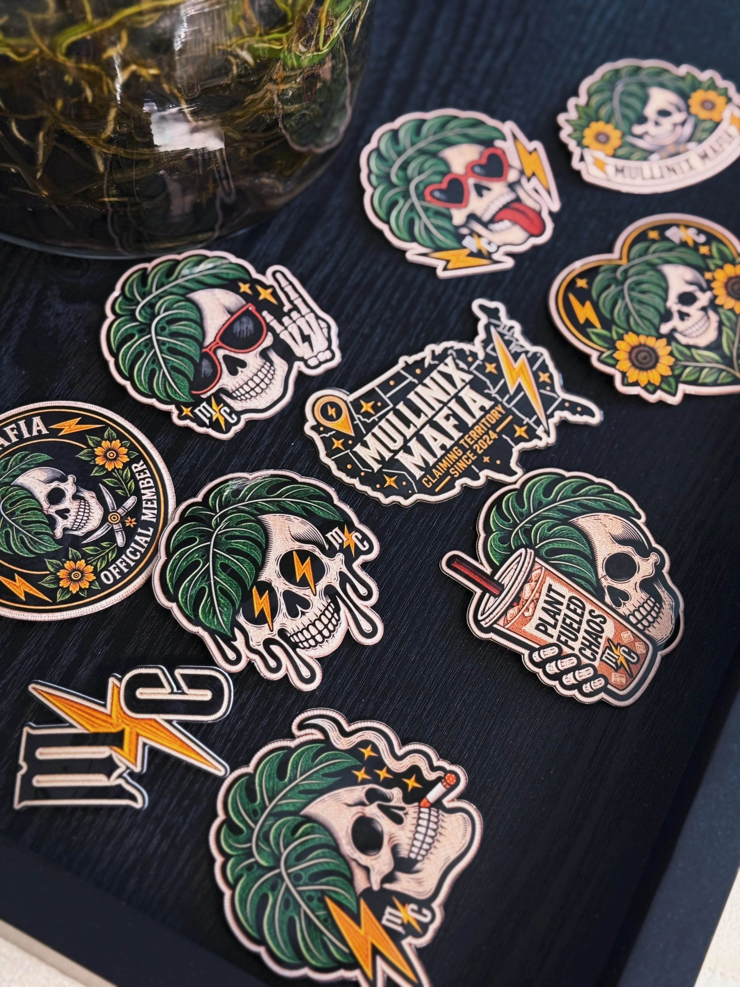 Mullinix Mafia plant sticker pack with skulls, monstera leaves and alternative tattoo-inspired designs by Mullinix Collective