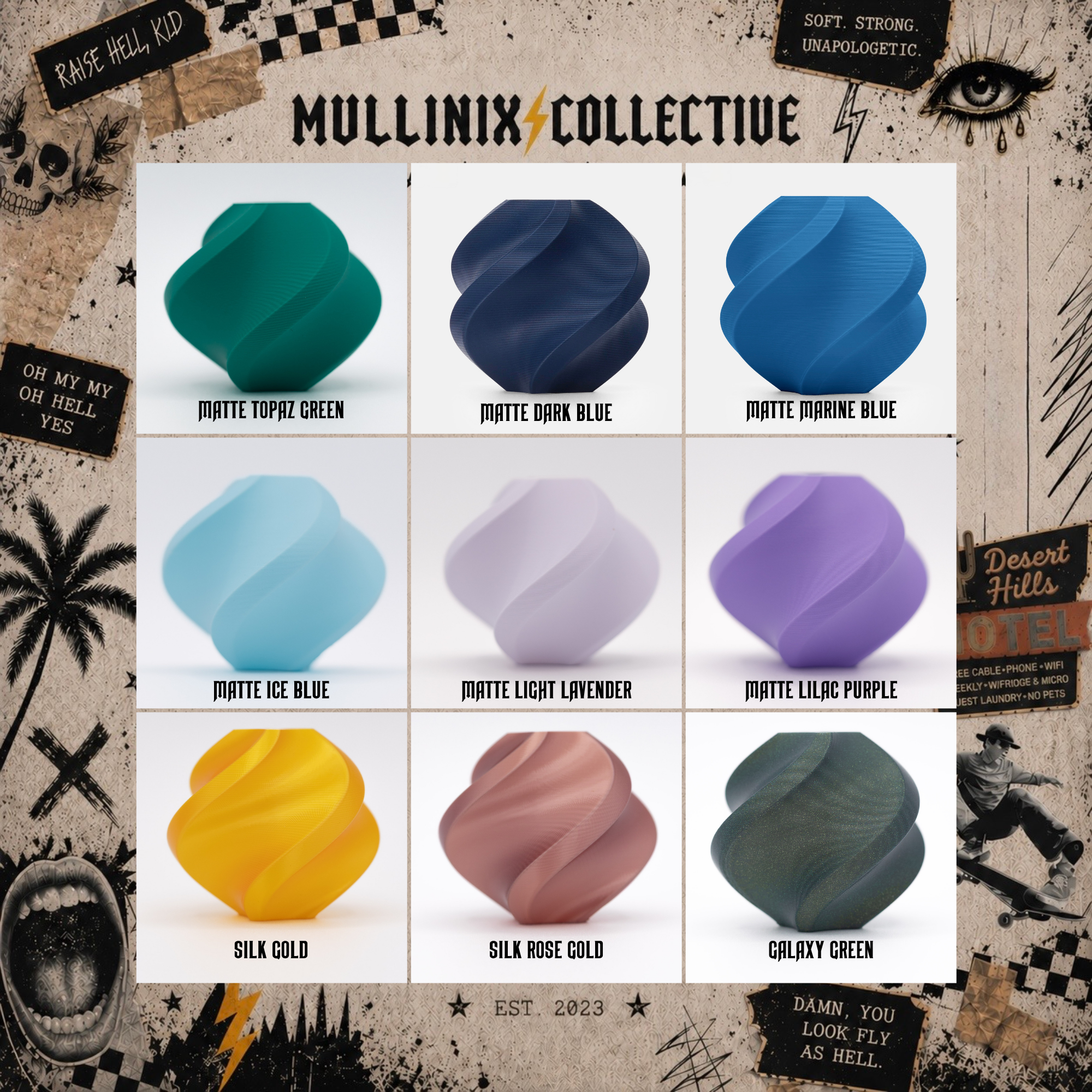 Color options chart with blue, purple, and specialty filament options including silk and galaxy finishes.