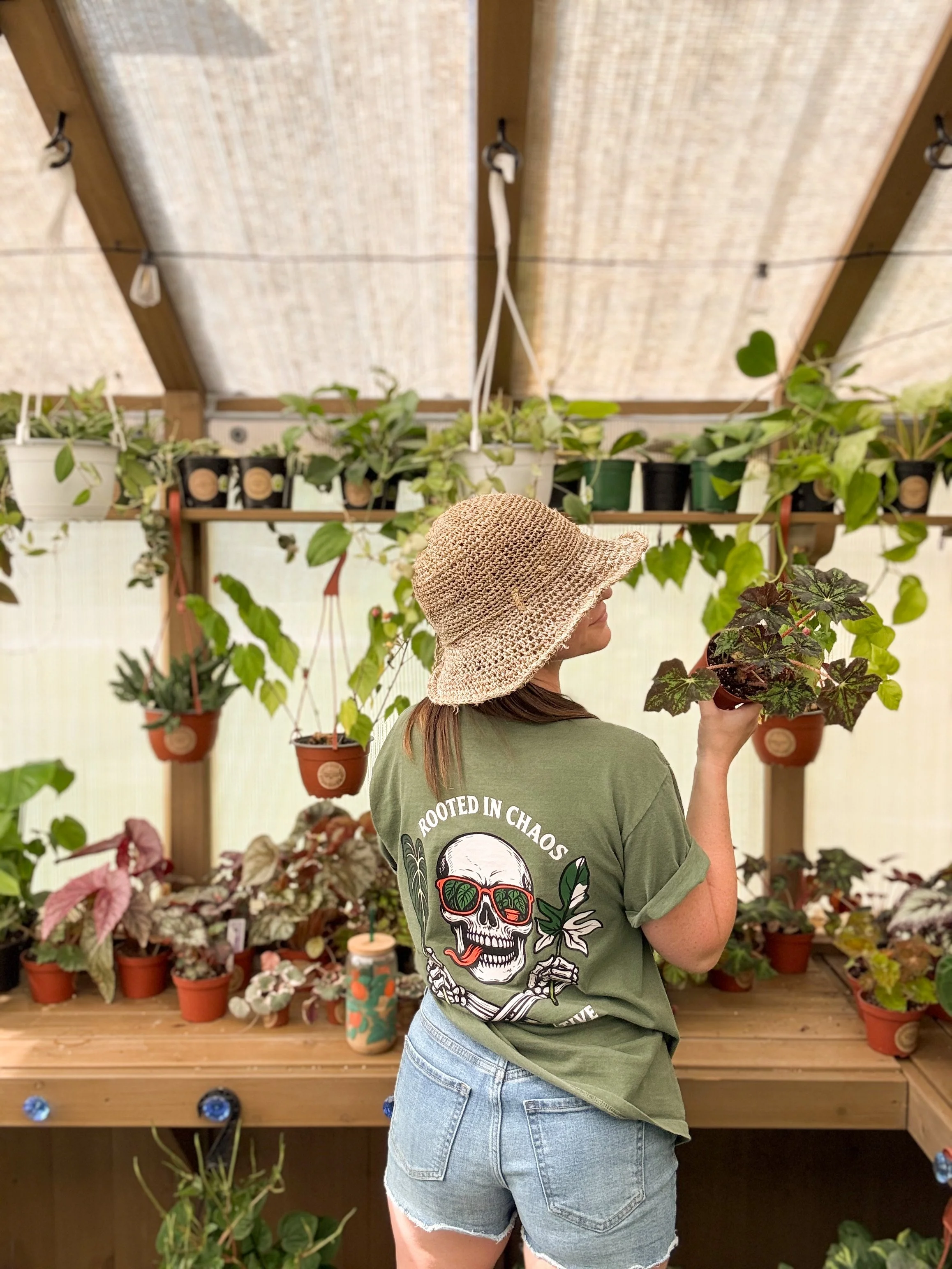 Person wearing the green “Rooted in Chaos” Mullinix Collective tee and a woven hat, holding a plant inside a greenhouse full of tropical houseplants.