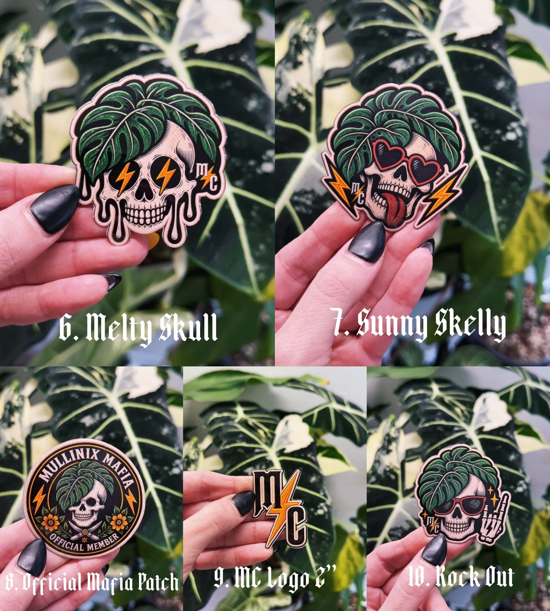 Mullinix Mafia stickers showing Melty Skull, Sunny Skelly, Official Mafia Patch, MC Logo and Rock Out designs