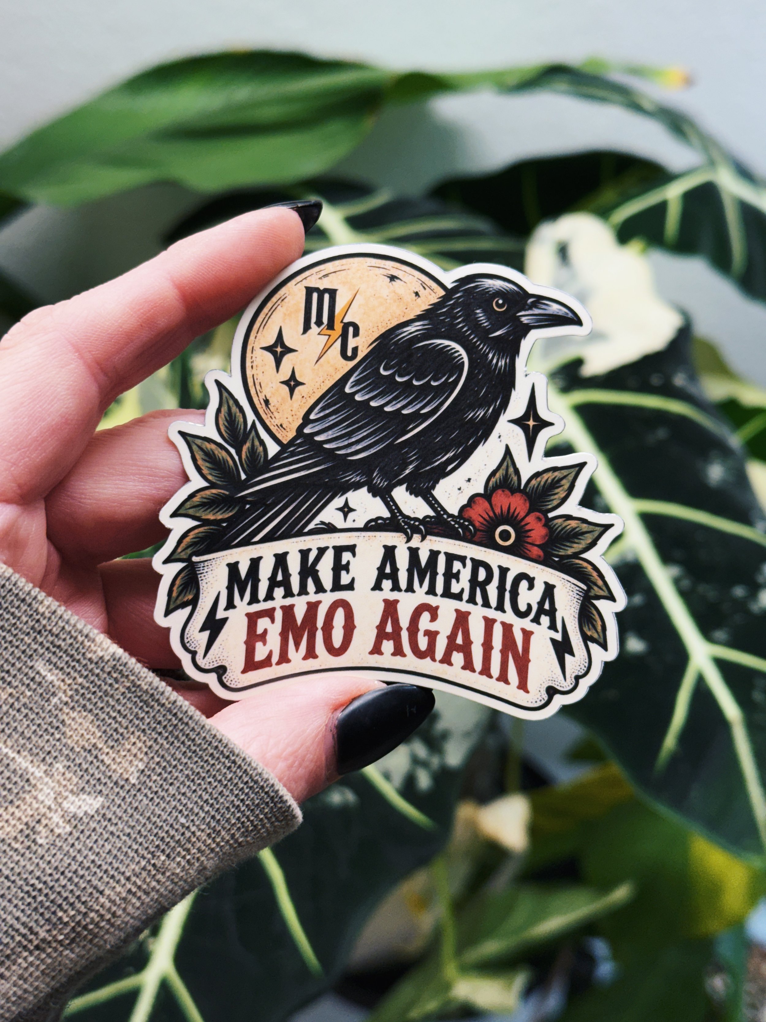 3 inch Make America Emo Again raven sticker with moon, flowers and tattoo-inspired artwork by Mullinix Collective