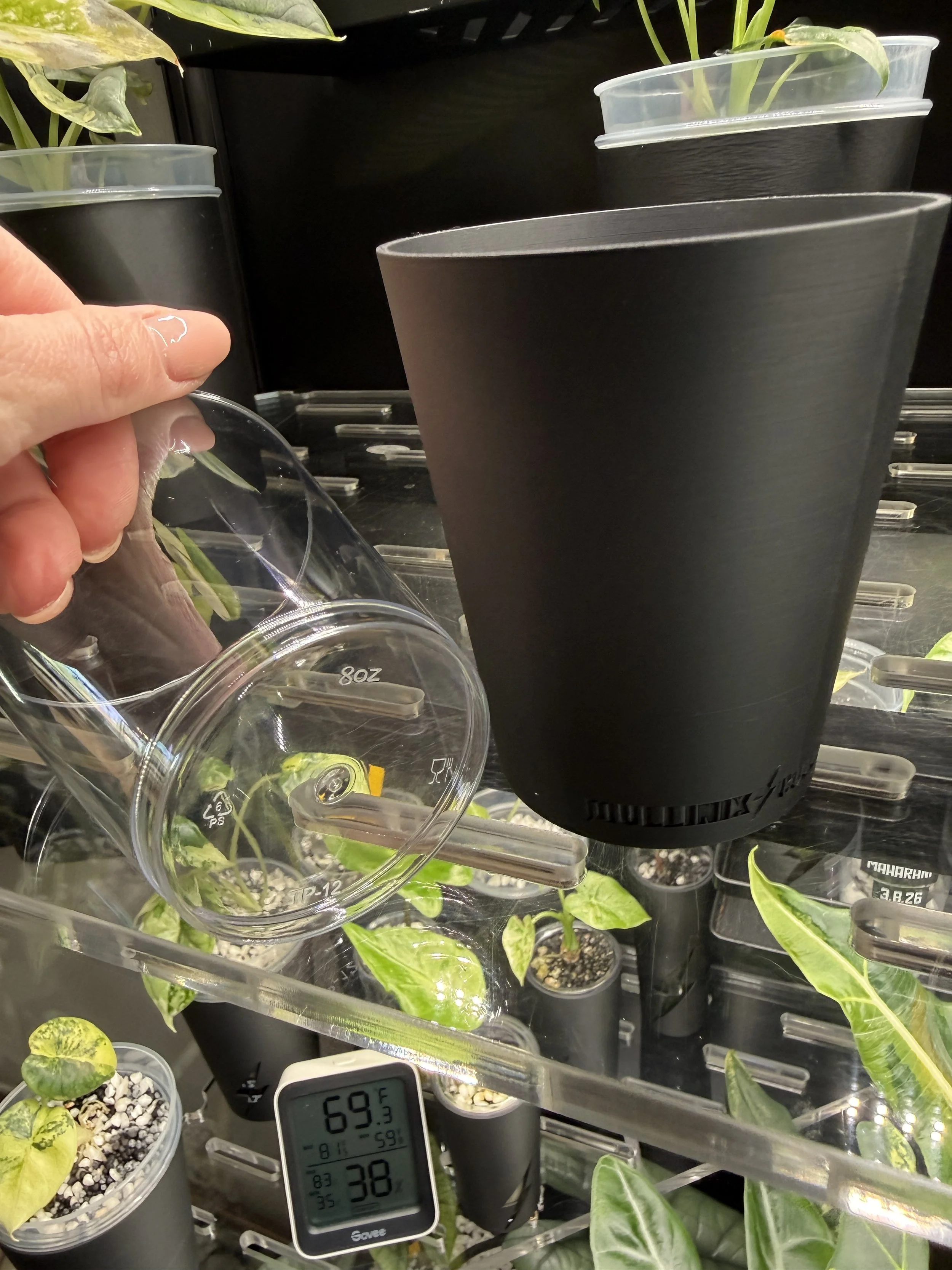 Hand holding clear plastic cup next to black 8oz cache cover showing Mullinix Collective logo and fit.