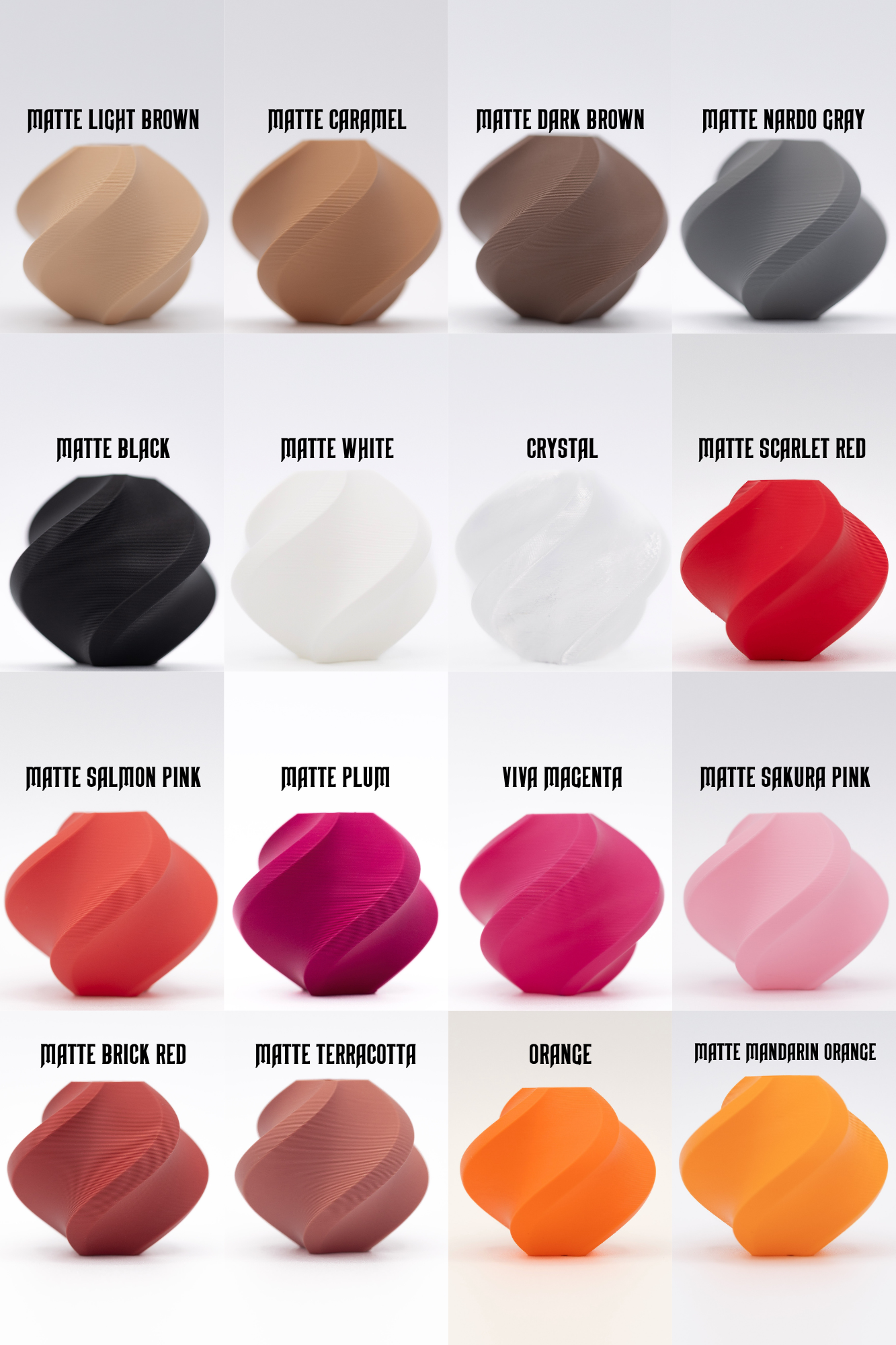 Color options chart for 3D printed planters including matte neutrals, pinks, reds, and oranges. (Copy) (Copy)