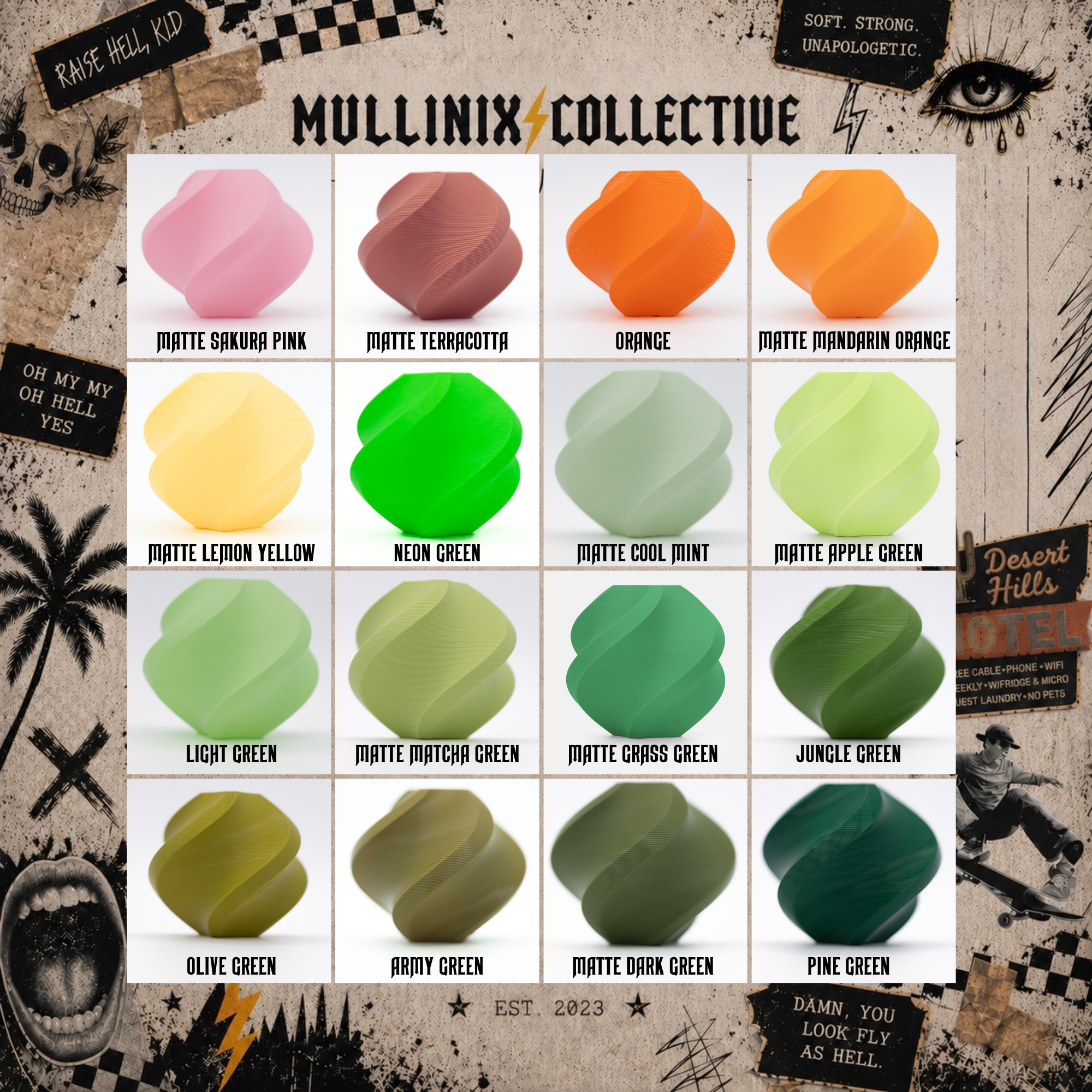 Mullinix Collective filament color chart showing green color options for planters and accessories