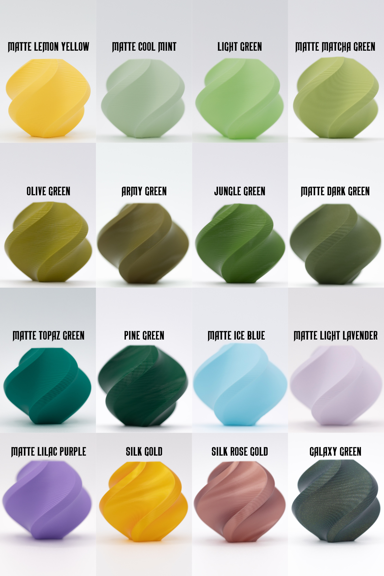 Color options chart for 3D printed planters including greens, blues, purples, metallics, and galaxy finishes. (Copy) (Copy)