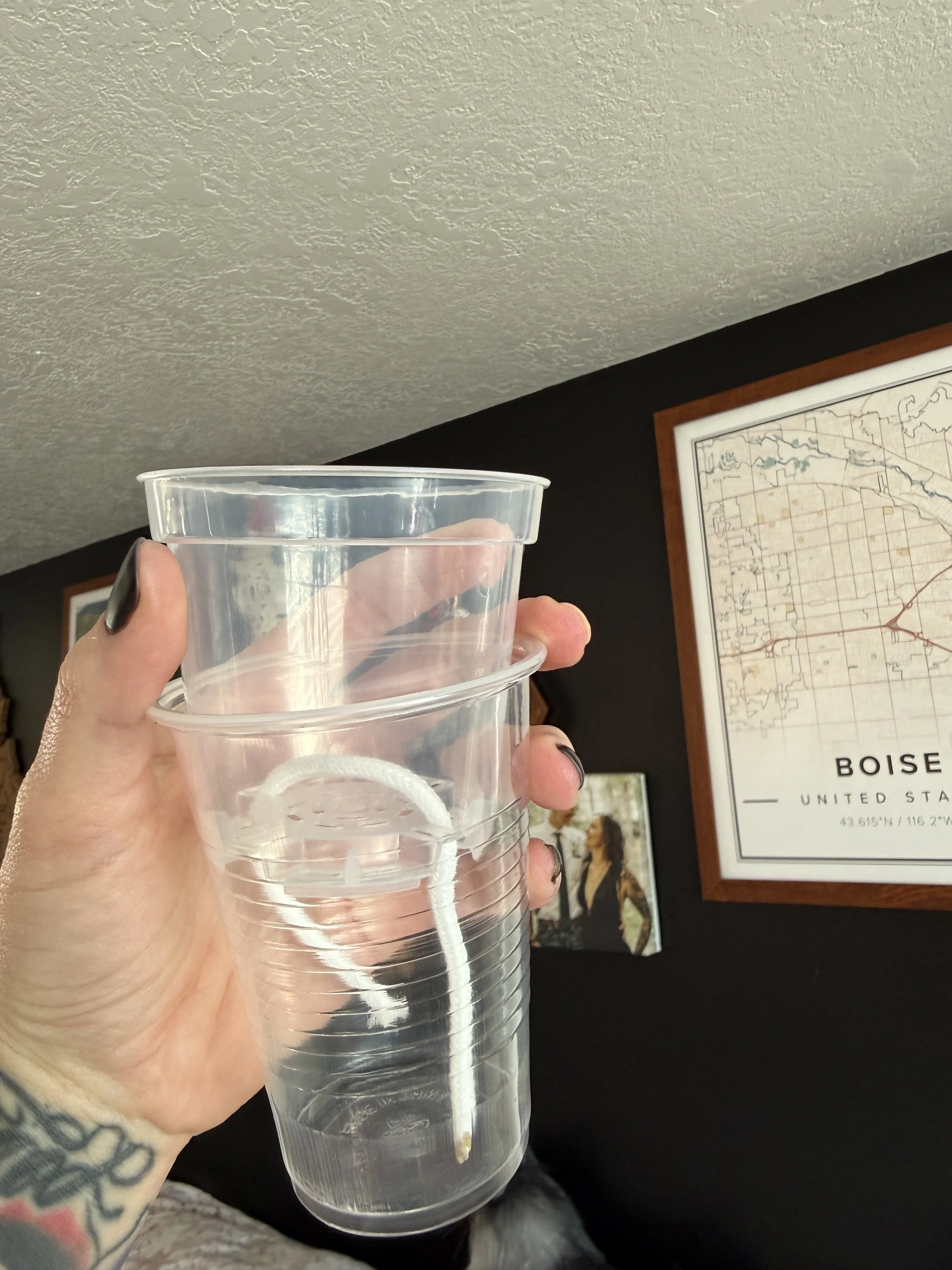 Side view of 3-inch inner cup and 9 oz reservoir with wicking cord