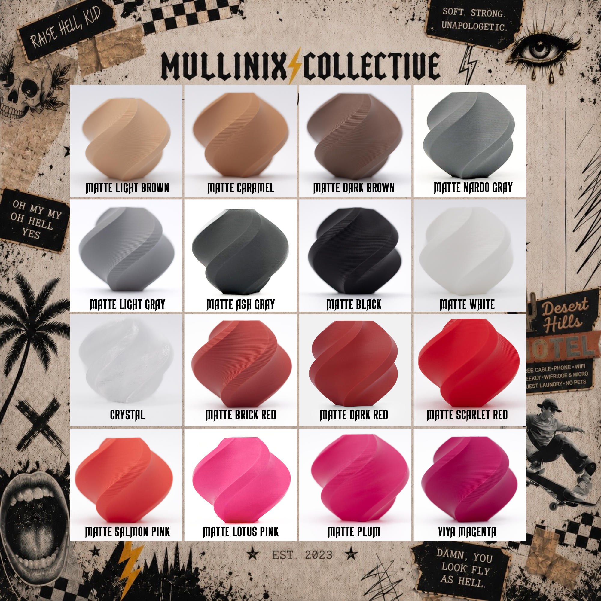 Color options chart showing neutral filament colors for Mullinix Collective 3D printed products. (Copy)