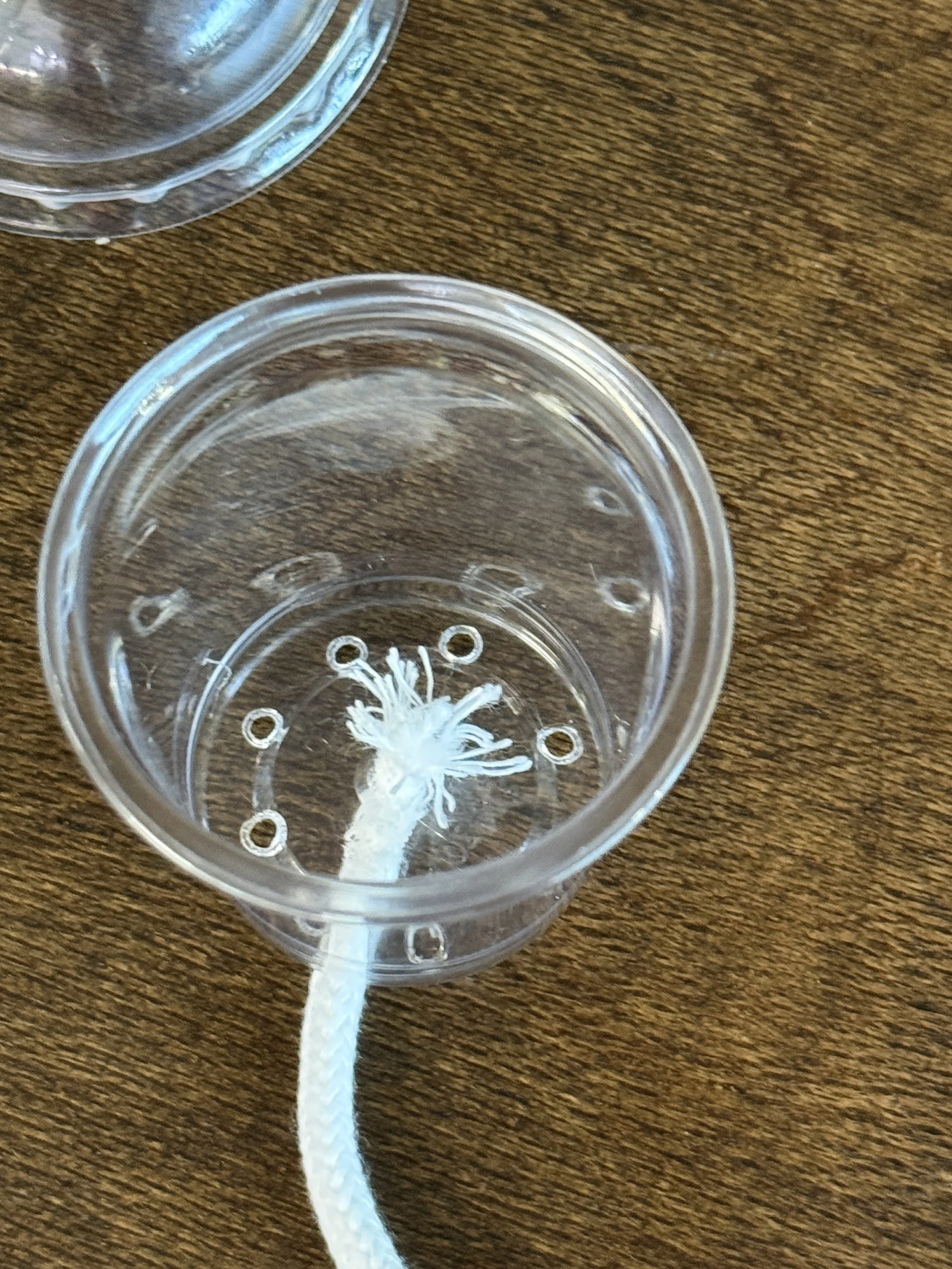 Close-up of inner cup drainage holes and wicking cord