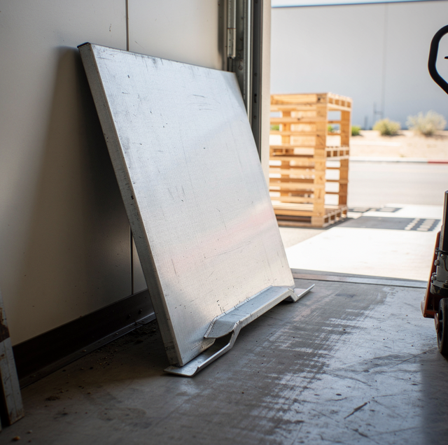 bent steel dock plate resting at warehouse loading bay