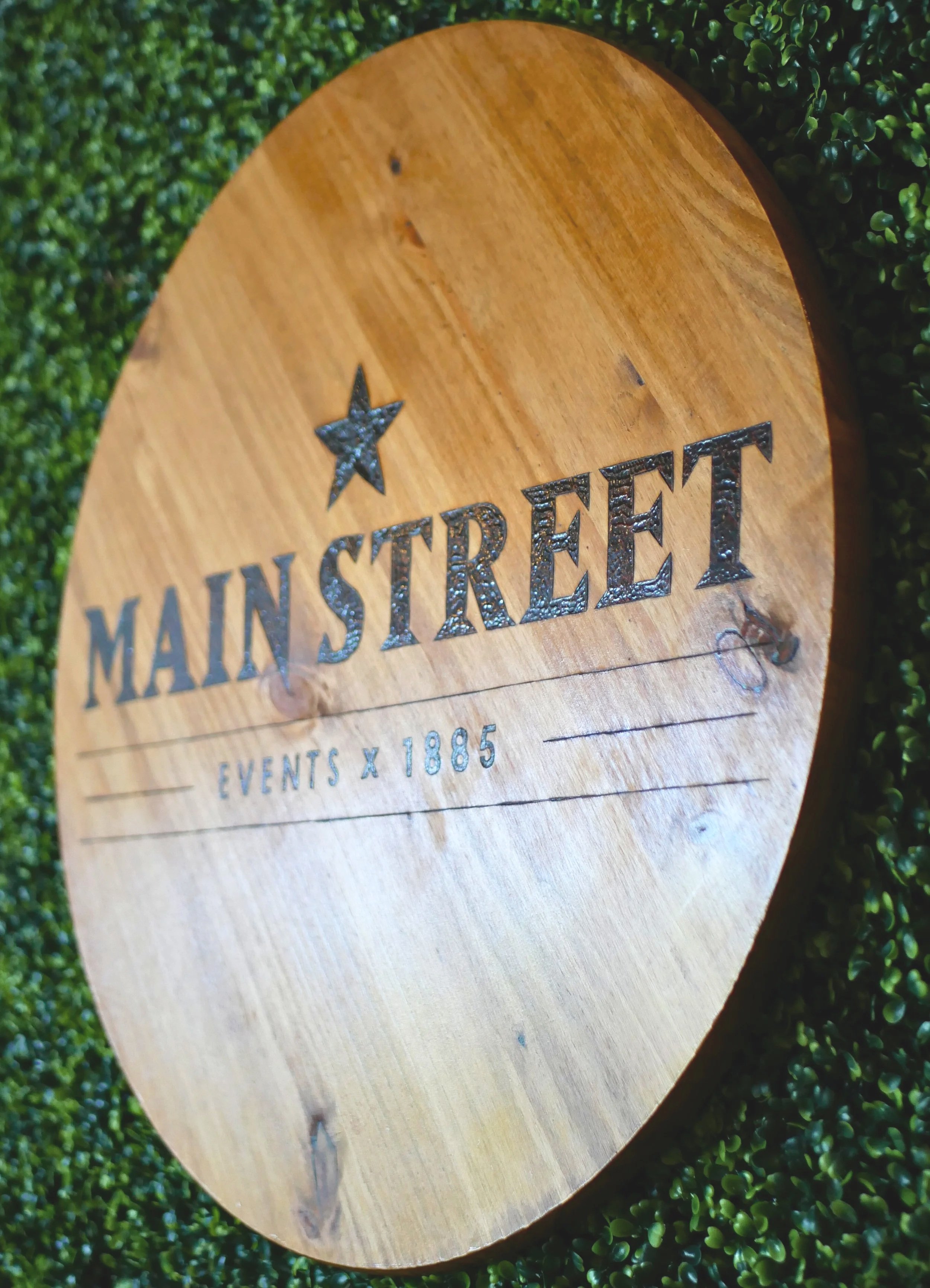Wooden sign with the words 'Main Street' and a star, surrounded by green foliage.