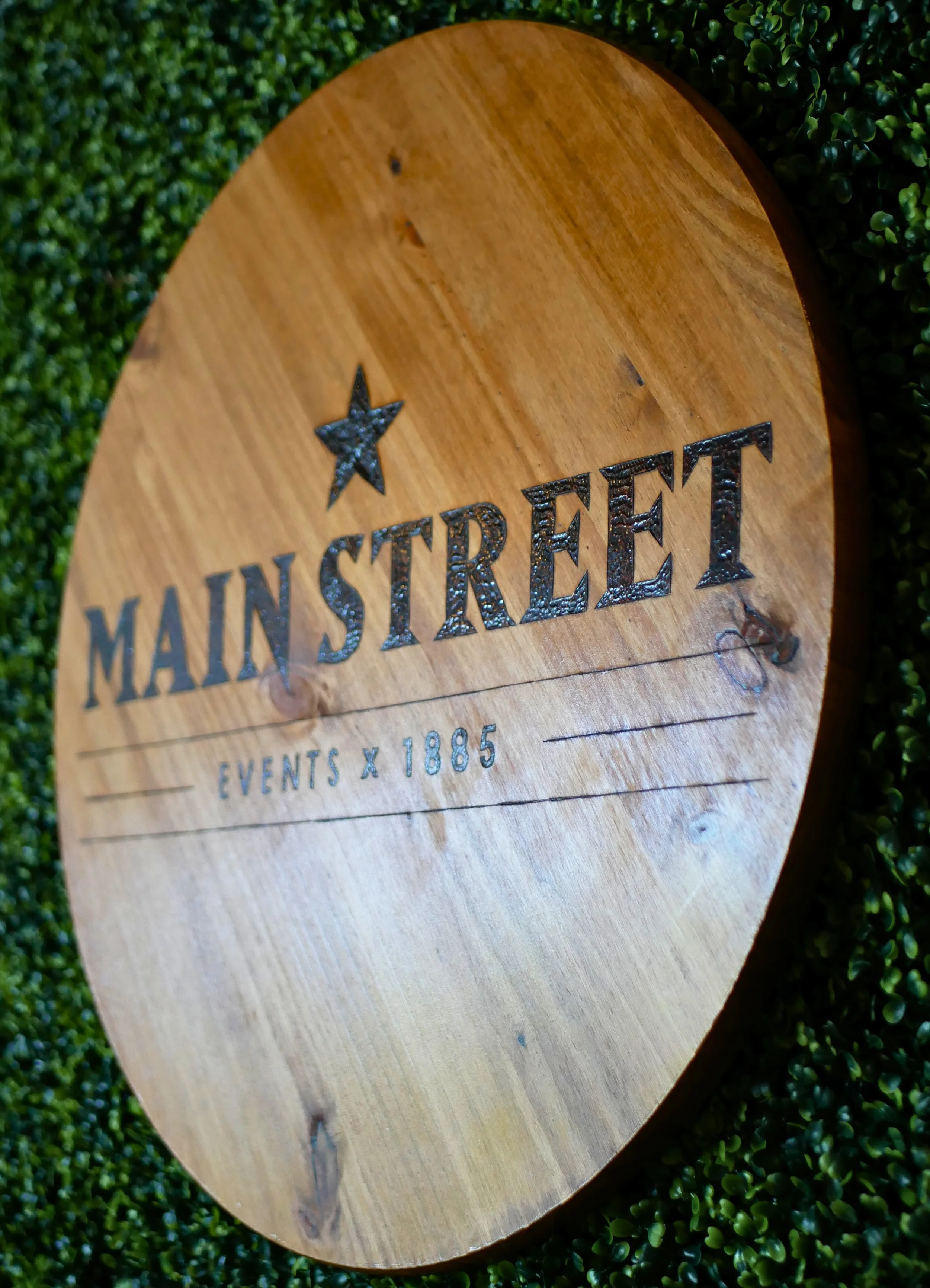 Wooden sign with the words 'Main Street' and a star, surrounded by green foliage.