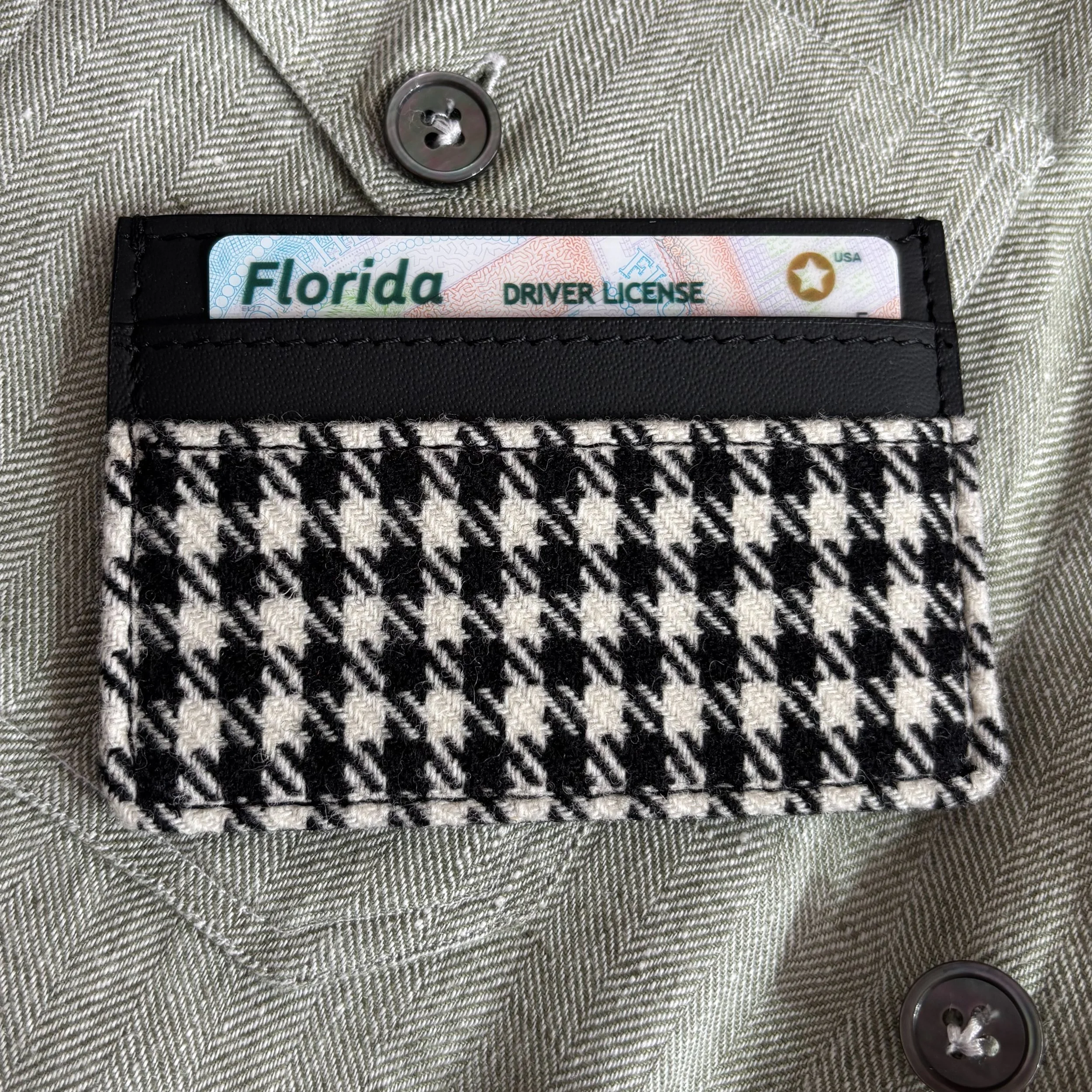 KRUK Classic Black Leather Card Holder - Black / White Pepita