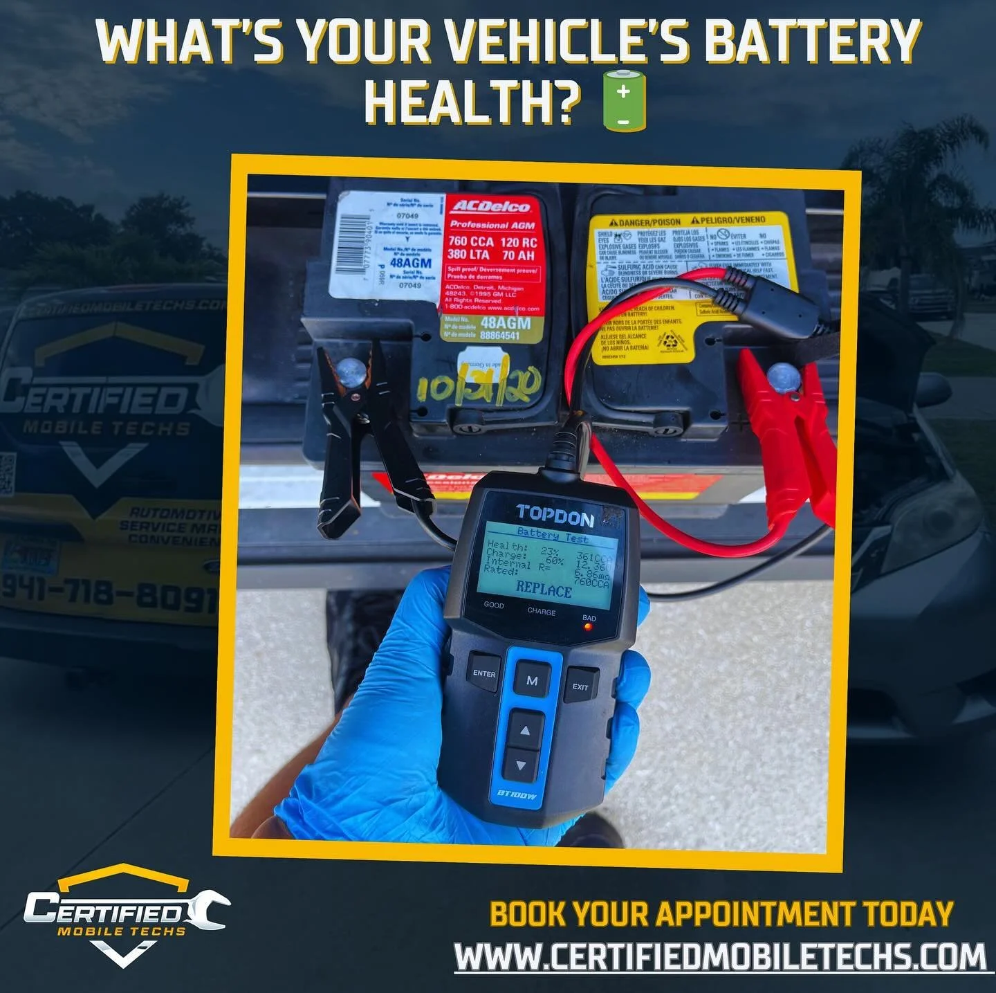 🔋Don&rsquo;t let a weak battery leave you stranded! Let us check and ensure your car is always ready to hit the road. Schedule a battery health check today! 🔧🚗 

www.certifiedmobiletechs.com or call/text 941-718-8091 
Where Automotive Service Meet