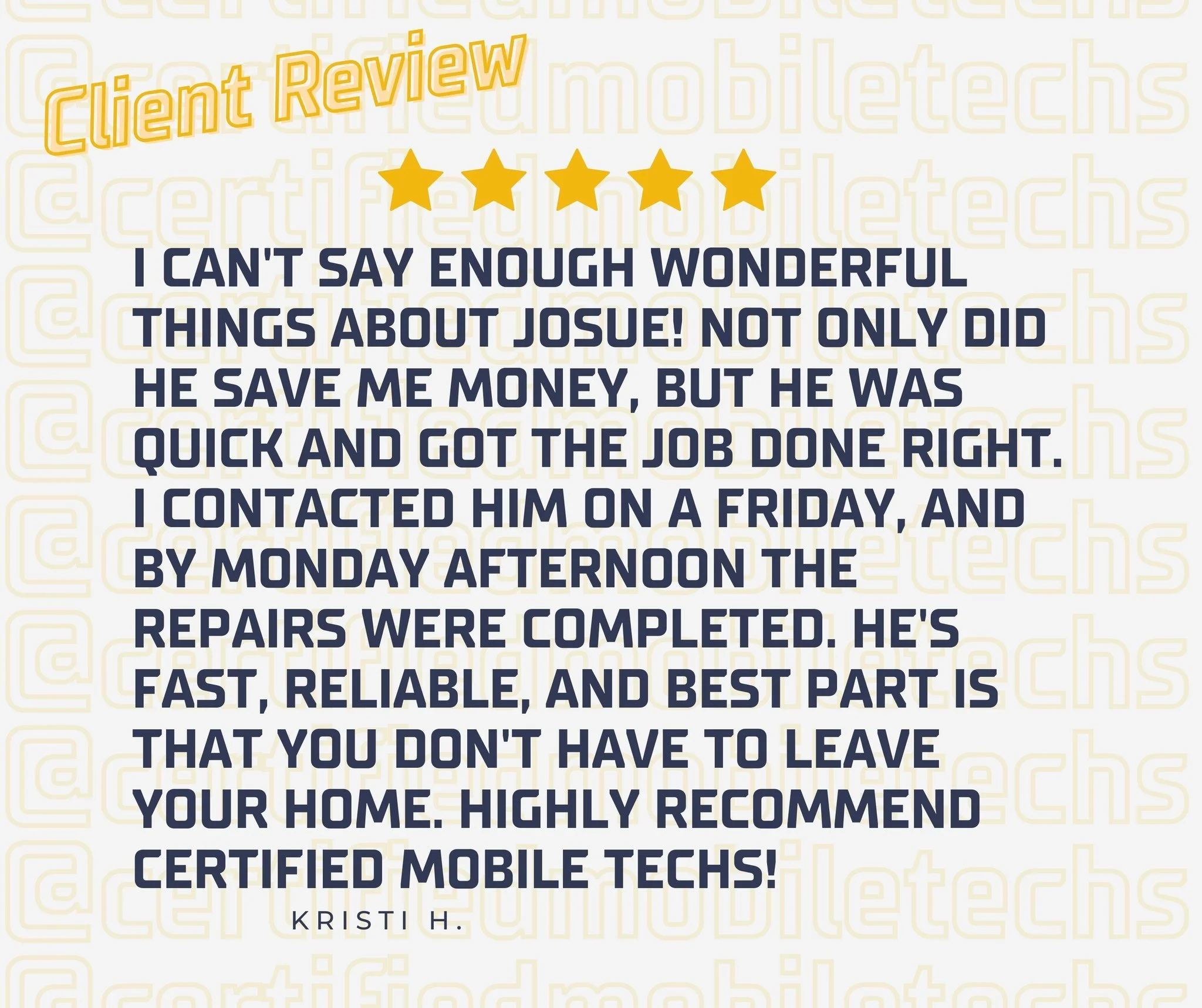 ⭐️⭐️⭐️⭐️⭐️ It's always our goal at Certified Mobile Techs to provide fast, reliable, and convenient service. Thank you for trusting us with your vehicle, Kristi! 🚗💨 #happyclient #certifiedmobiletechs 
.
.
.
#manateecounty #bradentonfl #lakewoodranc