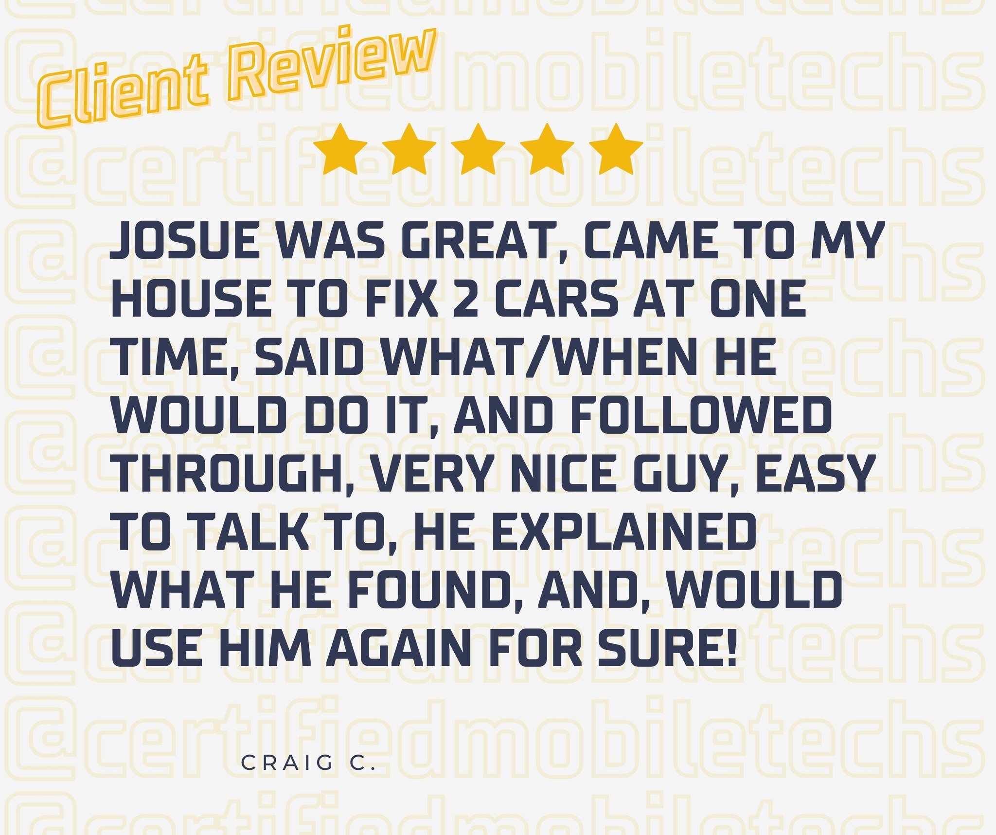 ⭐️⭐️ Another Happy Client! ⭐️⭐️

Thank you, Craig, for your kind words. At Certified Mobile Techs, we're dedicated to delivering exceptional service as conveniently as possible, with client satisfaction as our top priority. We look forward to serving
