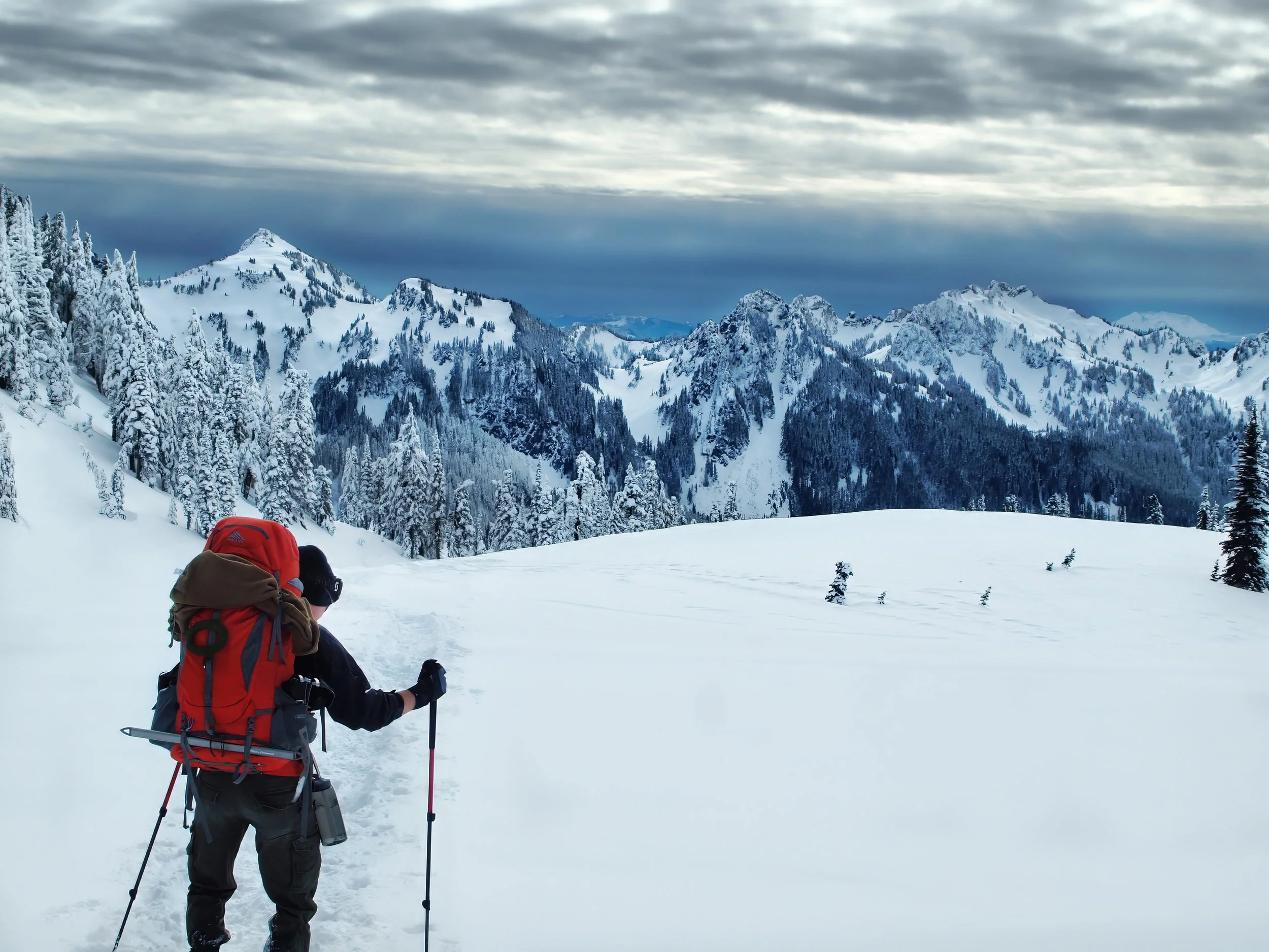 A person dressed in winter gear, carrying a backpack and using trekking poles, hiking on a snowy trail through a mountainous landscape with snow-covered trees and rugged peaks under a cloudy sky.
