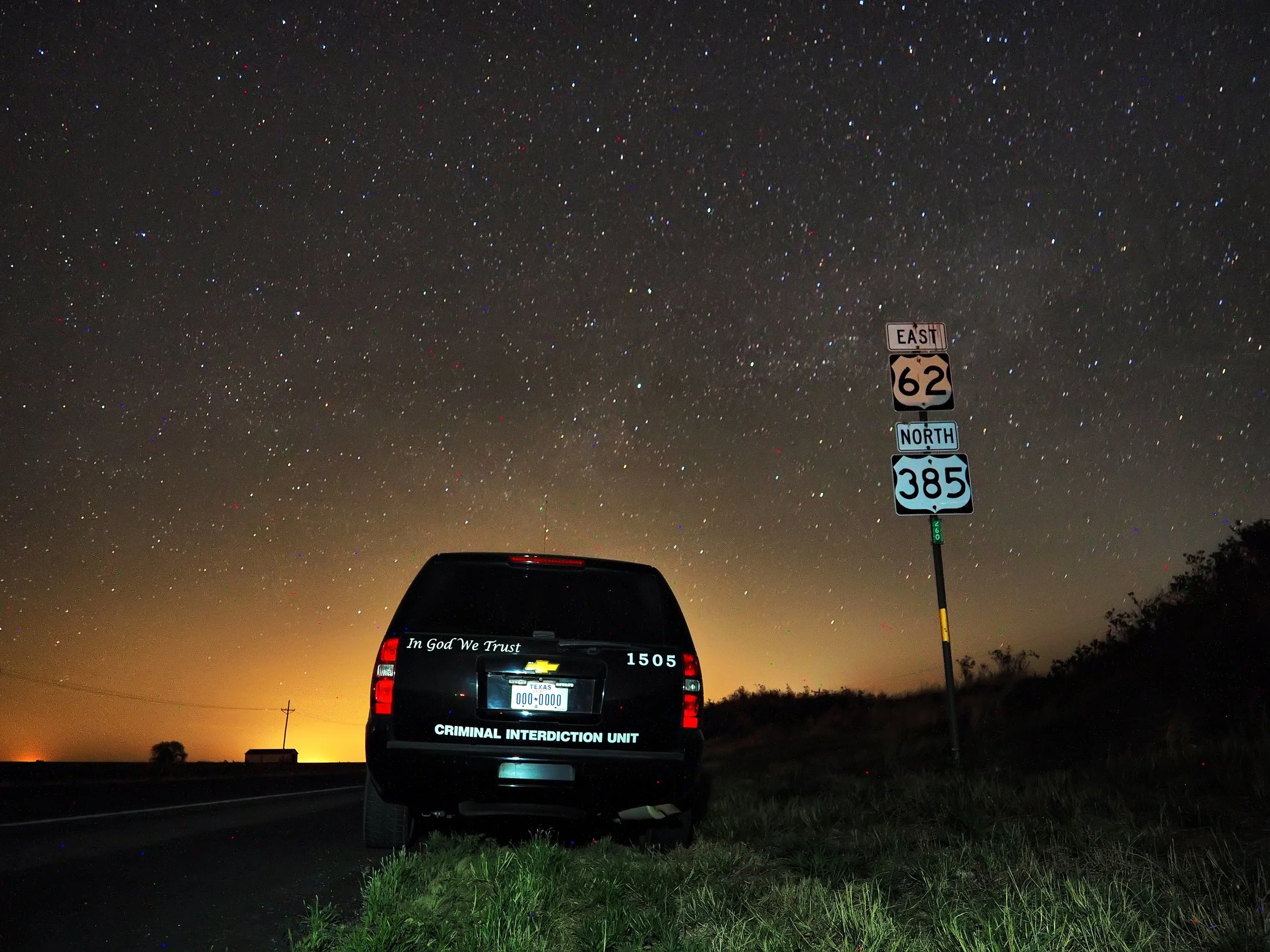 A Criminal Interdiction Police Unit sits on the highway conducting Highway Interdiction on US62 and US385 in Rural West Texas, Circa 2018. 