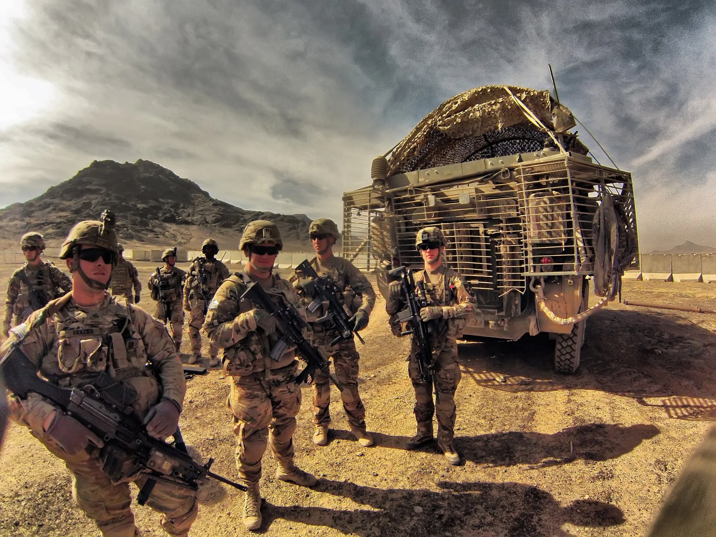 Soldiers from F. Co 52nd patrol the border of Zhari & Panjwai near the Arghanbad River, Afghanistan circa March 2013. 