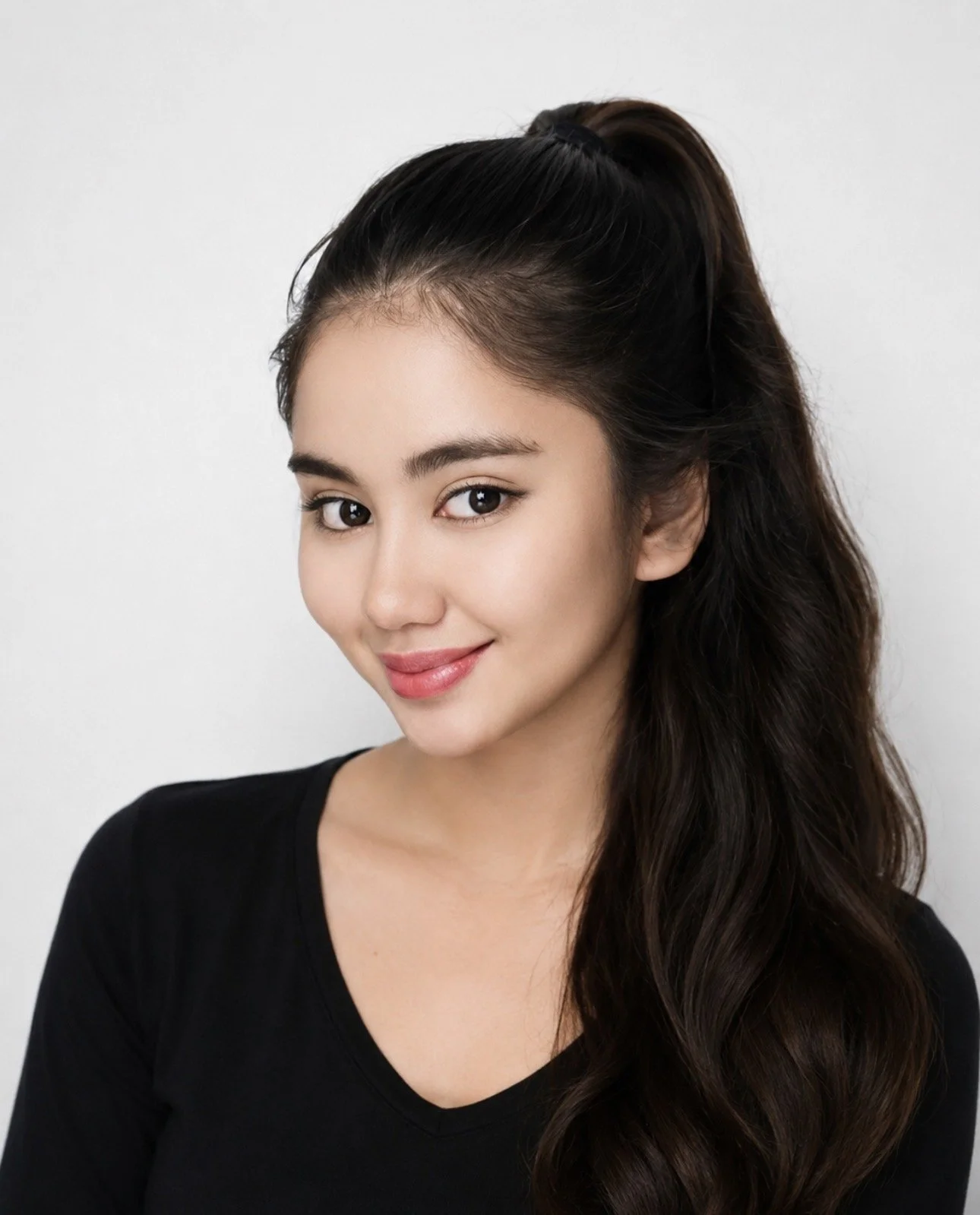 young woman with long dark brown hair and brown eyes, smiling, wearing a black top