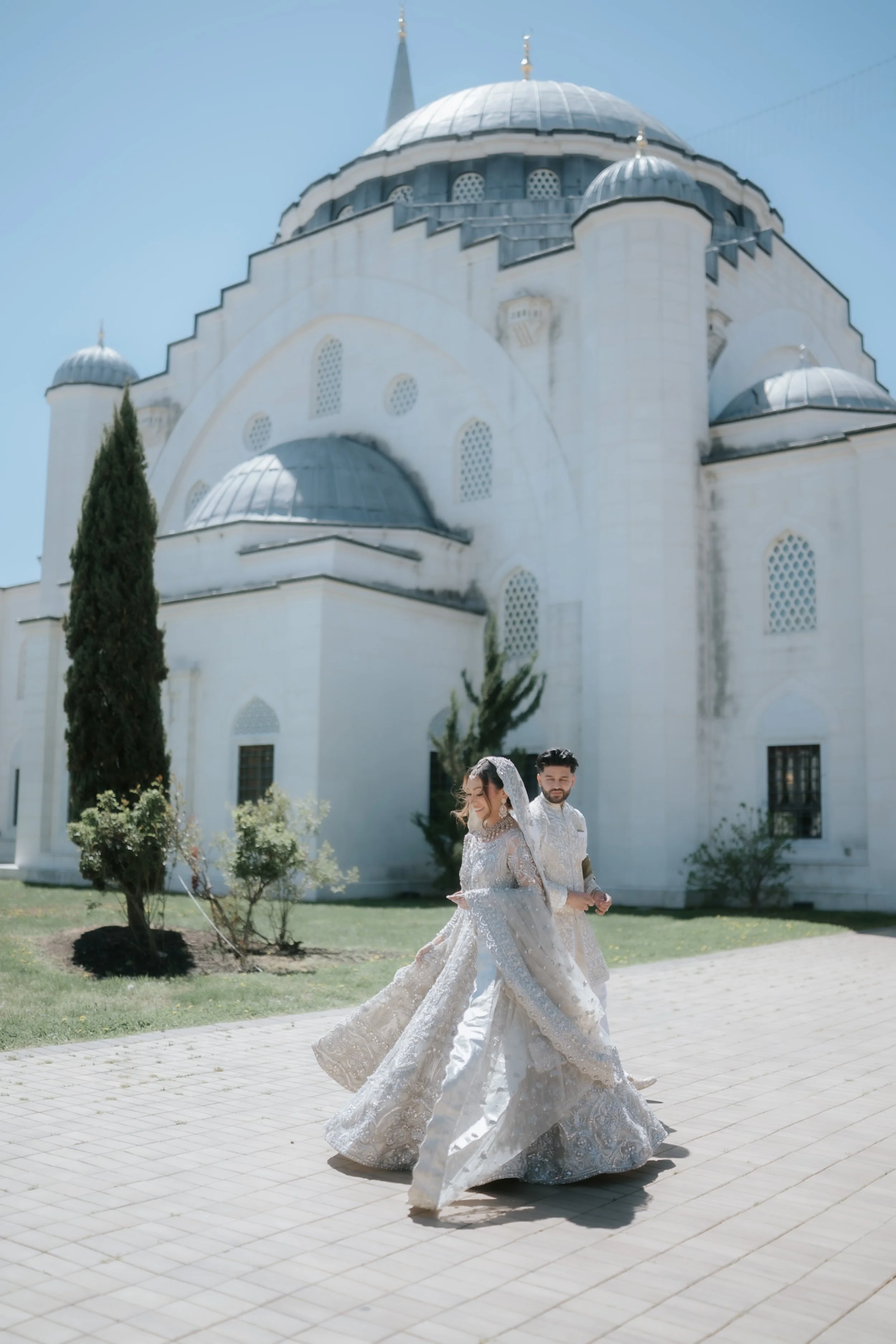 Bride Twirling in front of Diyanet Center of America Masjid on her Nikah Day