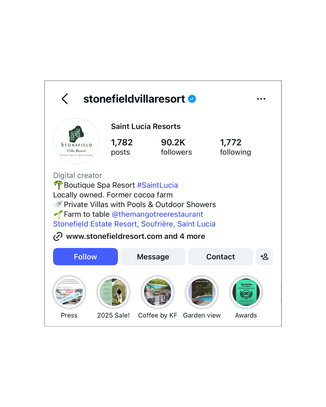 Instagram profile page of Stonefield Villa Resort in Saint Lucia, showing profile picture, follower count, and highlights for press, sale, coffee, garden view, and awards.