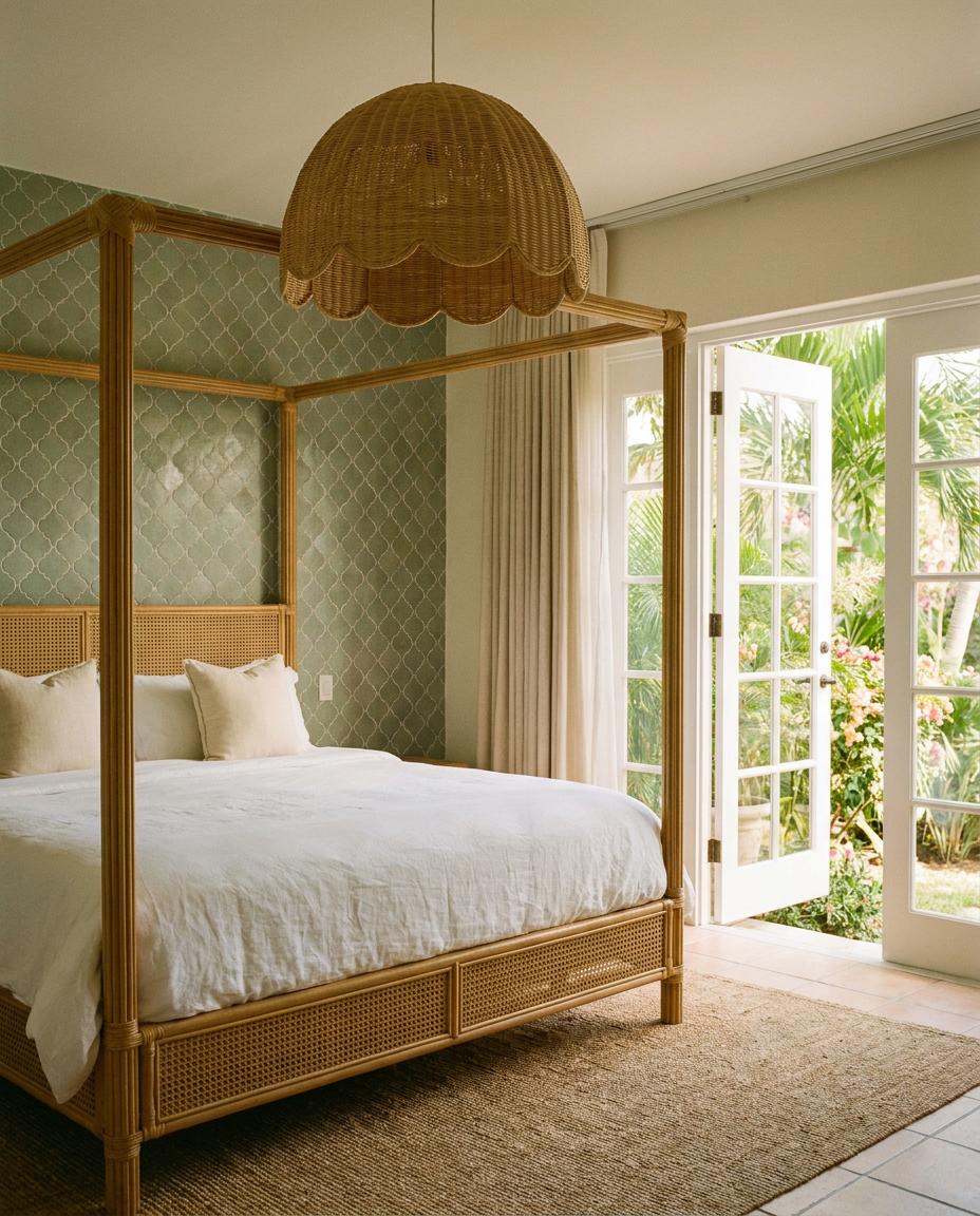 A bedroom with a large wicker four-poster bed with white bedding and pillows, a woven rattan lampshade hanging from the ceiling, and open French doors leading to a lush garden with plants and flowers.