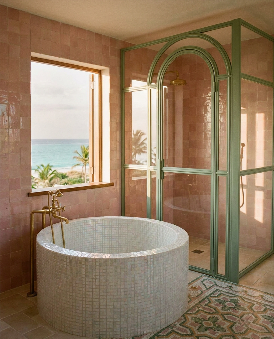 Bathroom with pink tiled walls, a round tiled bathtub, a window with a view of palm trees and the ocean, and a glass-enclosed shower area with green framing.
