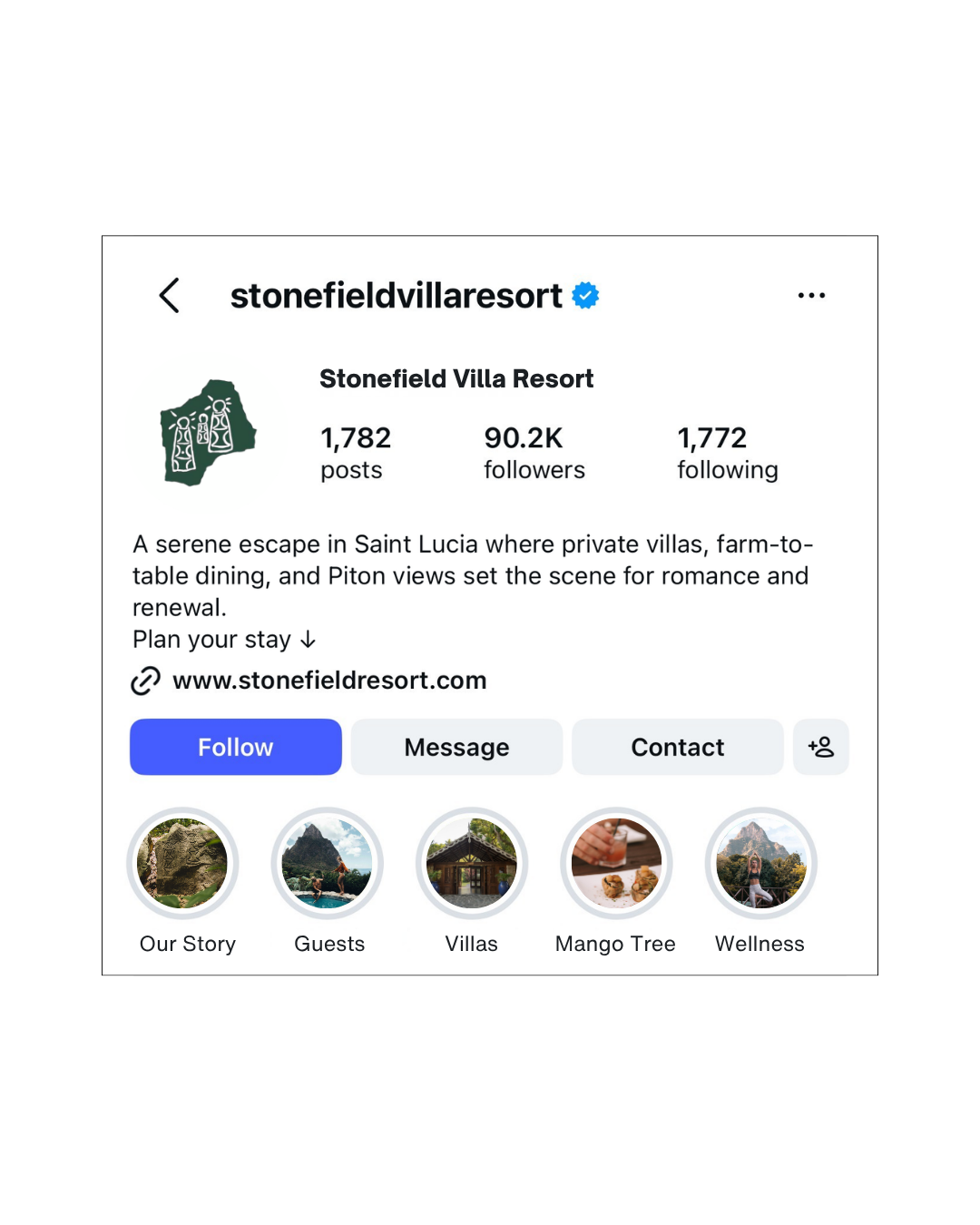 Instagram profile page for Stonefield Villa Resort, showing the username, logo, follower and following counts, bio description of the resort in Saint Lucia with links, and icons for stories labeled Our Story, Guests, Villas, Mango Tree, and Wellness.