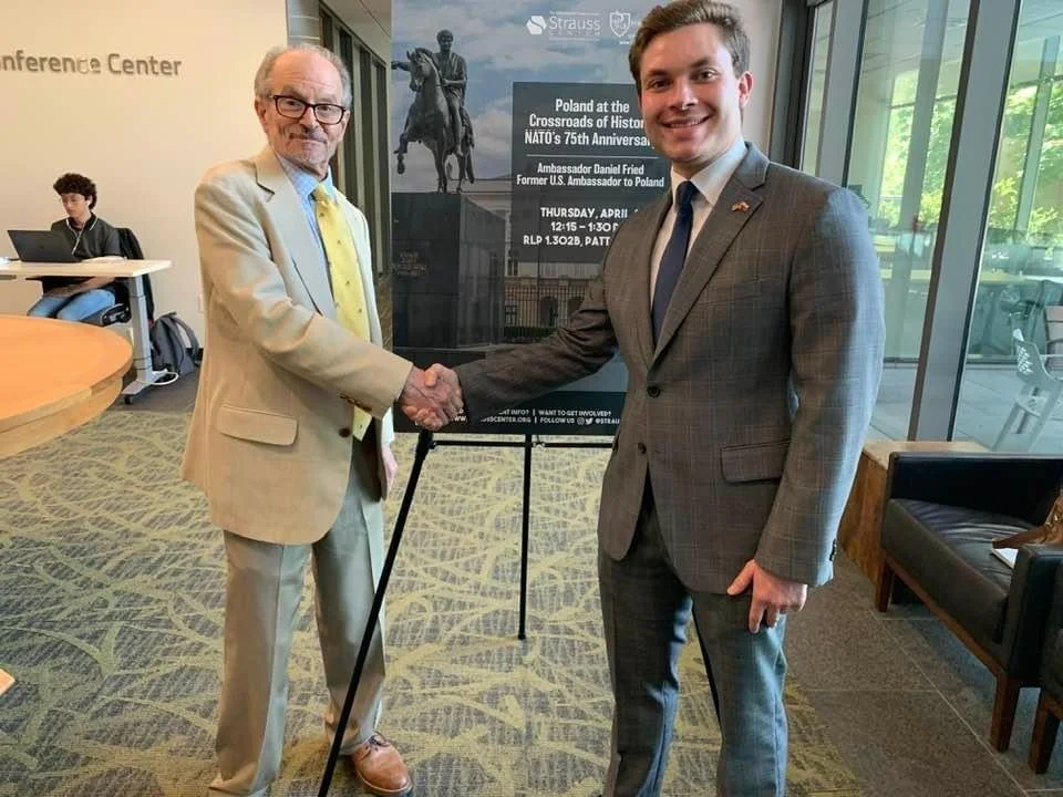Shaking hands with the Honorable Daniel Fried, former U.S. Ambassador to Poland, before his speech to the Polish Club at the University of Texas.