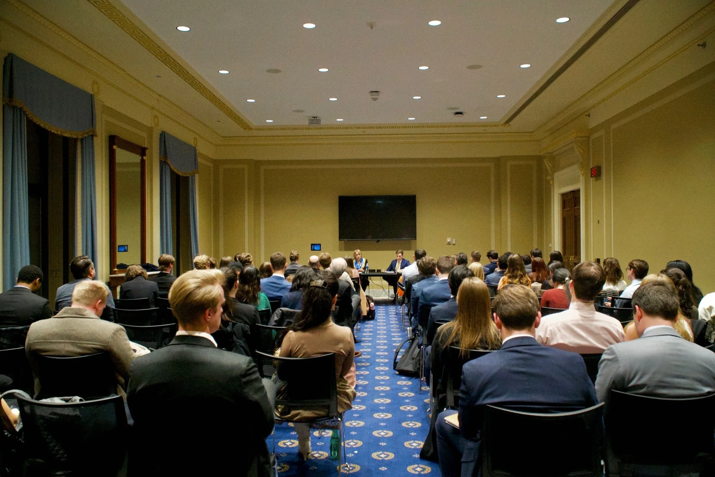 The crowd at the U.S.-European Congressional Staff Association's event with Ambassador Jovita Neliupsiene.