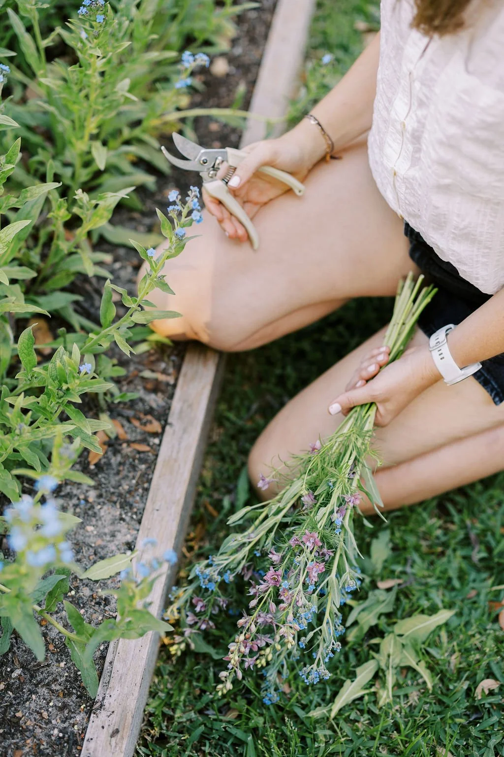 Alex cutting cut flowers in the garden using the seasonal harvest timing taught in the Cut Flower Confidence Calendar.