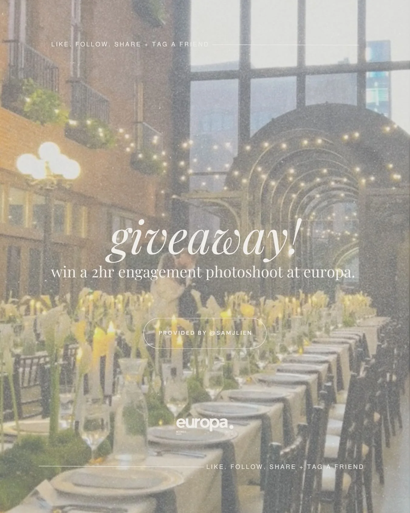 ✨Giveaway time!&nbsp;✨
We&rsquo;re celebrating love &mdash; Europa style.
We&rsquo;re giving one lucky couple a&nbsp;2-hour engagement photoshoot&nbsp;at our venue with photographer&nbsp;@samjlien 

To enter:
1️⃣Follow&nbsp;@europaeventsseattle 
2️⃣L