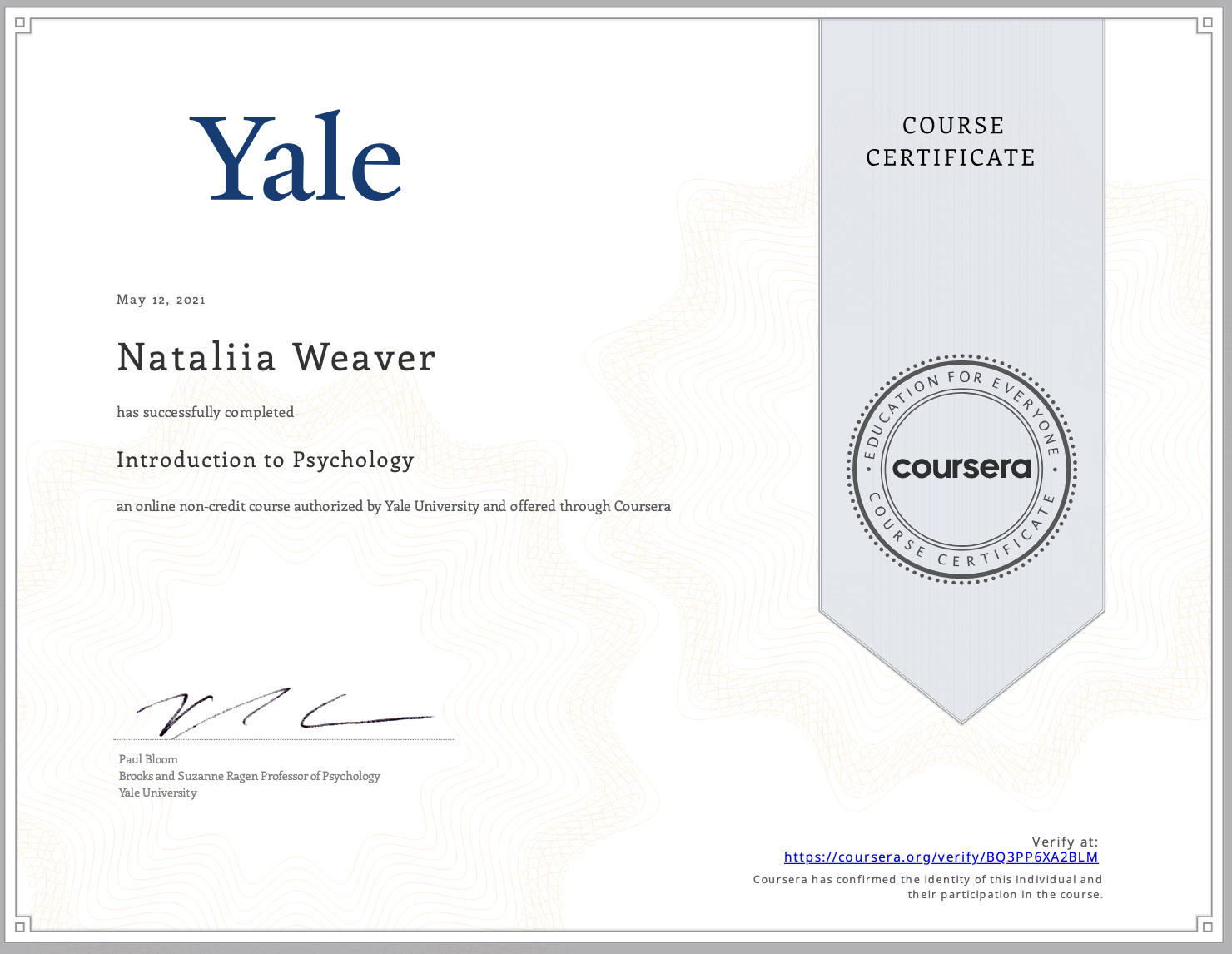 Introduction to Psychology - Yale Nataliia Weaver