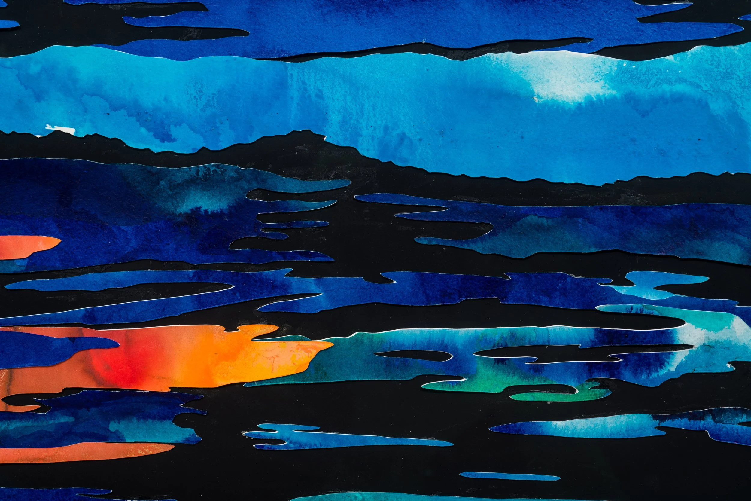 Phosflorescence II, 2021, Gouache, acrylic, and hand-colored paper on paper, 36 x 48 in (91.4 x 121.9 cm)