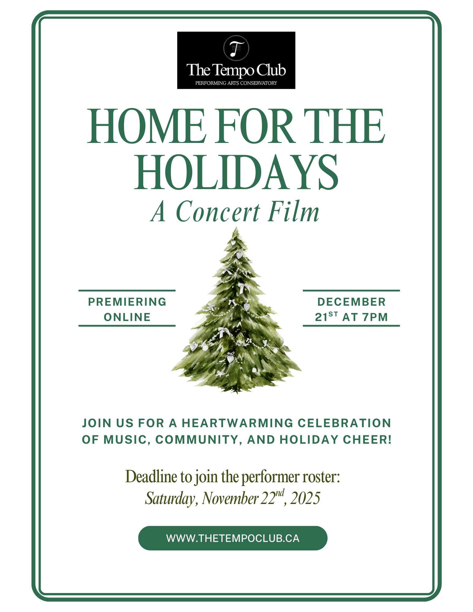 Holiday concert event poster by The Tempo Club featuring a Christmas tree.