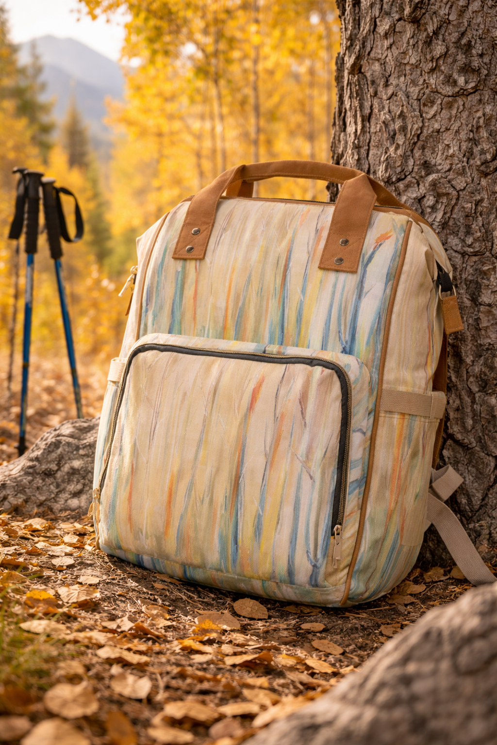 Autumn forest hike with Rainbow Aspen backpack.png