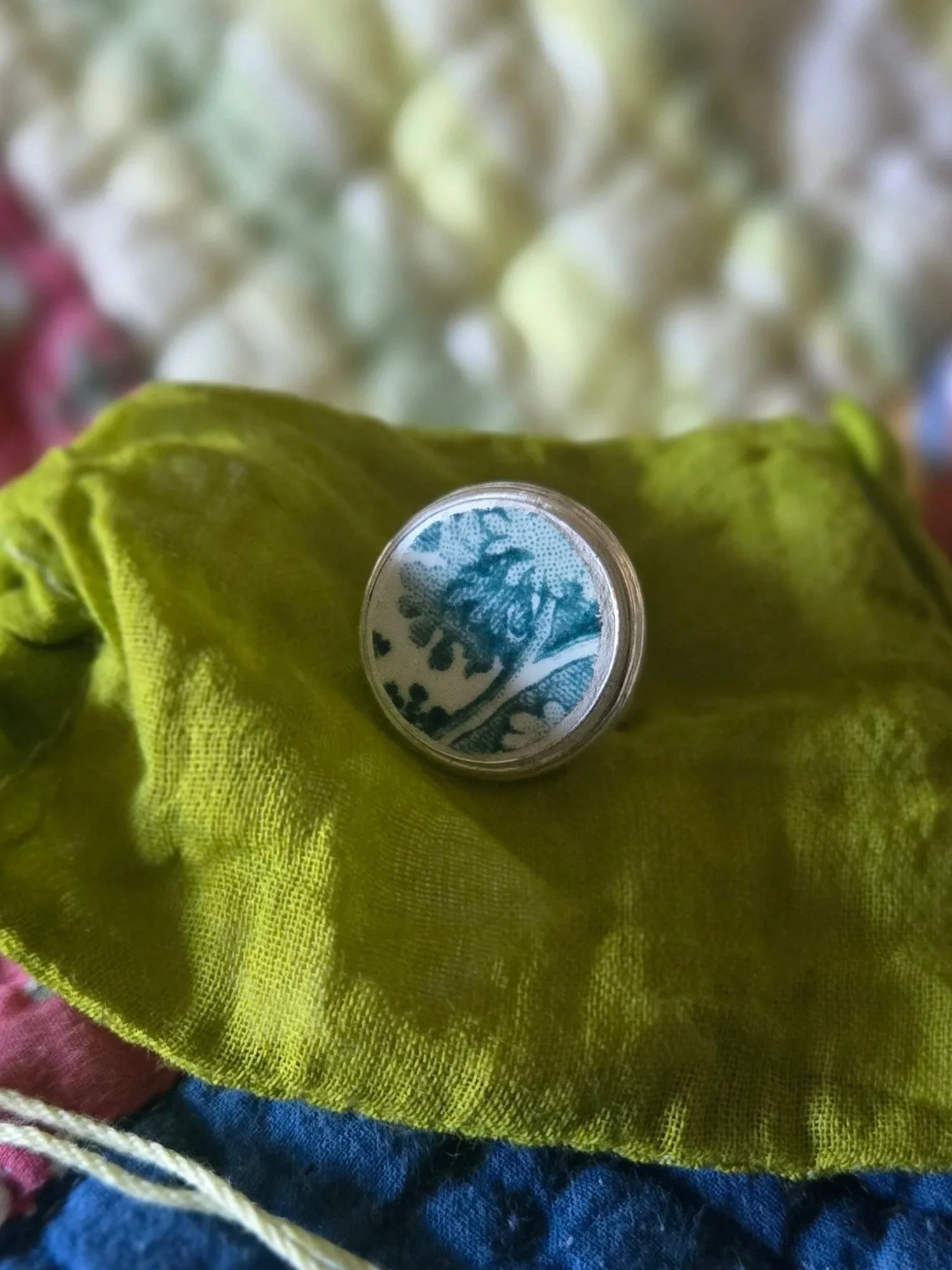 RARE: Teal Scenic Transferware Remnant Ring in Silver / 18mm / Size 6
